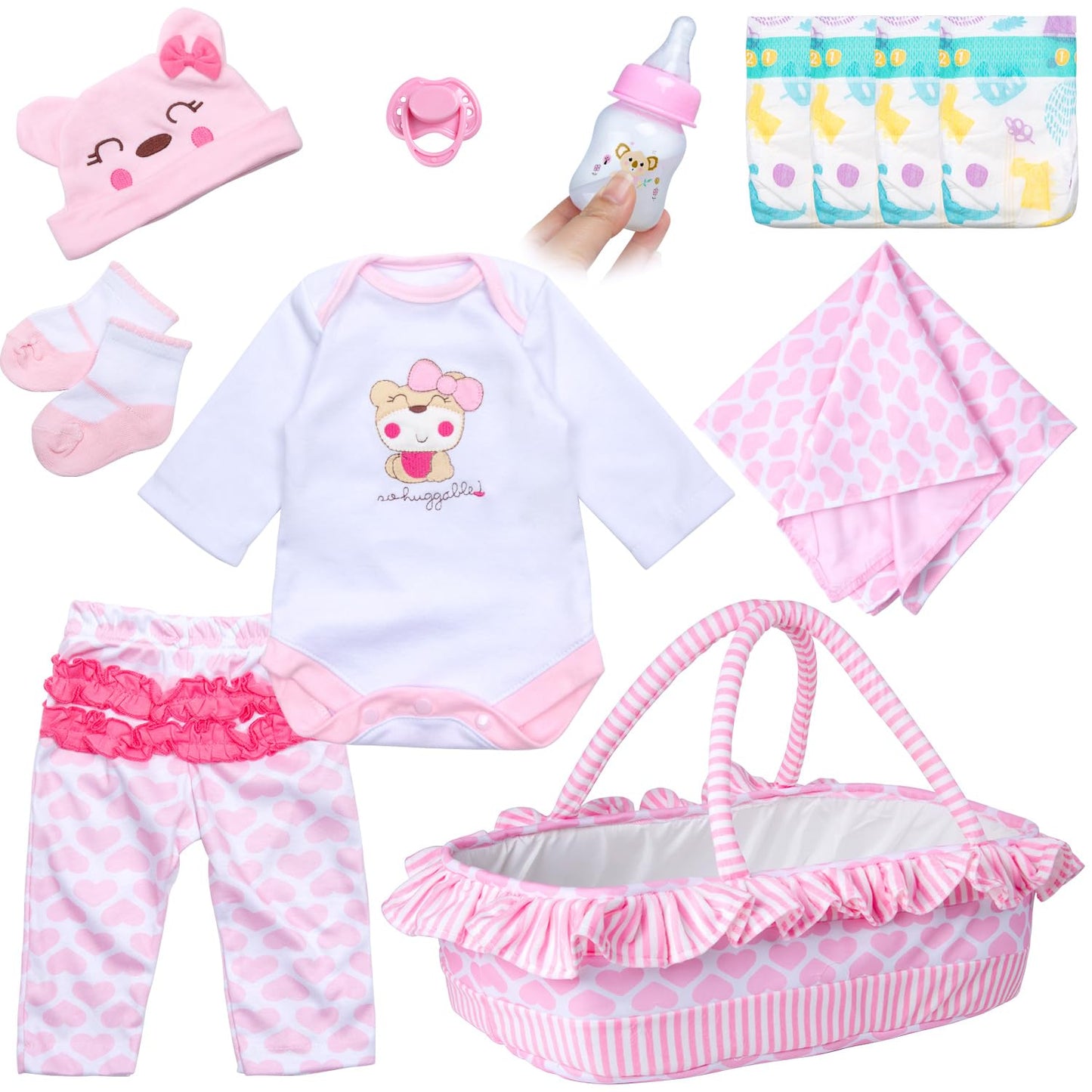 Pedolltree 12-Piece Pink Little Bear Doll Clothes for 17–22 Inch Reborn Dolls with Bassinet