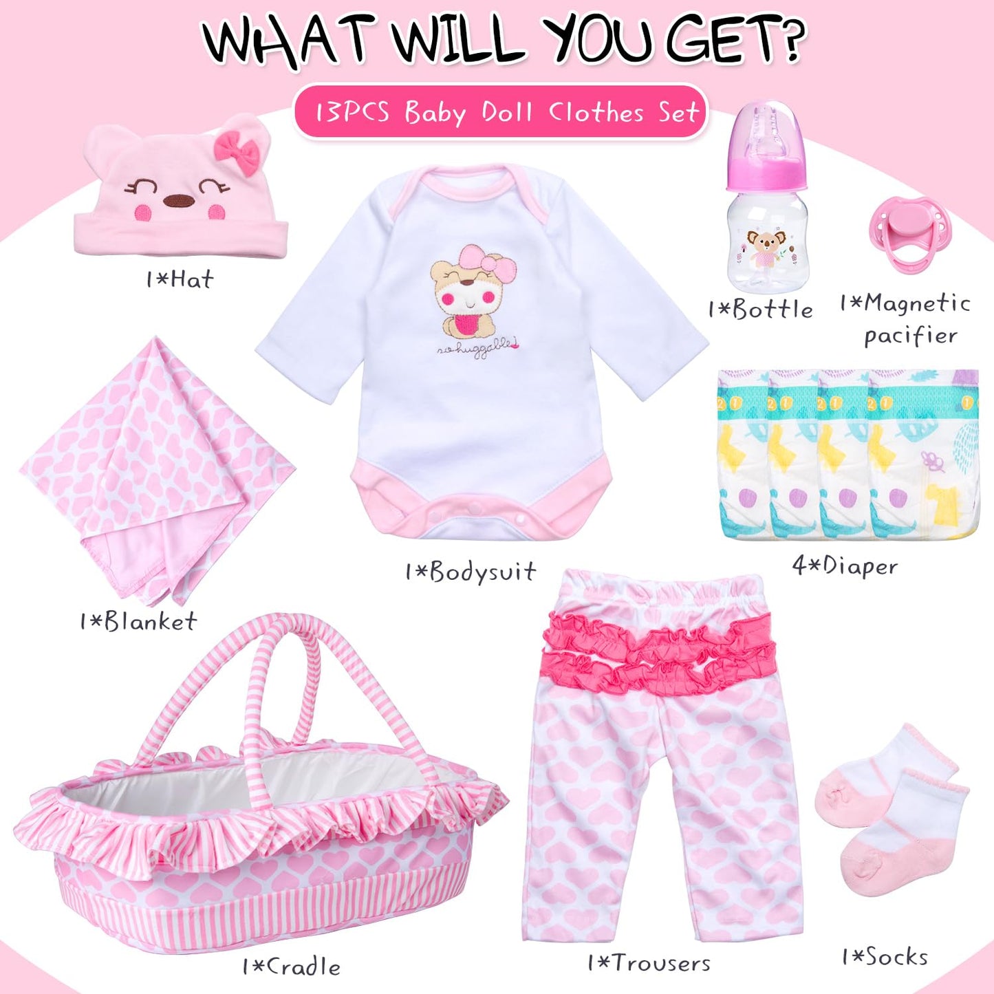 Pedolltree 12-Piece Pink Little Bear Doll Clothes for 17–22 Inch Reborn Dolls with Bassinet