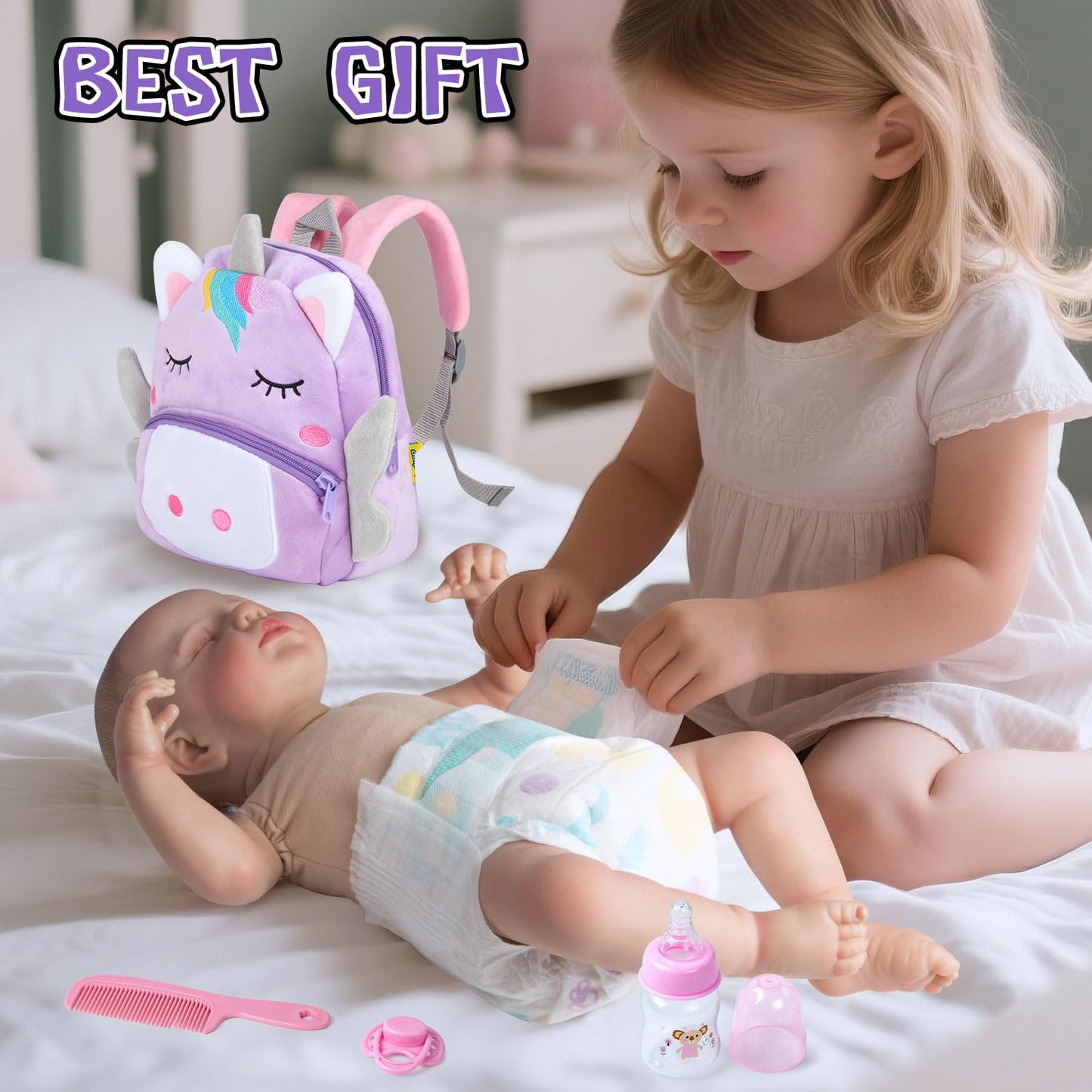 Pedolltree 10-Piece Reborn Doll Diaper Bag Care & Feeding Set with Unicorn Backpack (17-24 in)