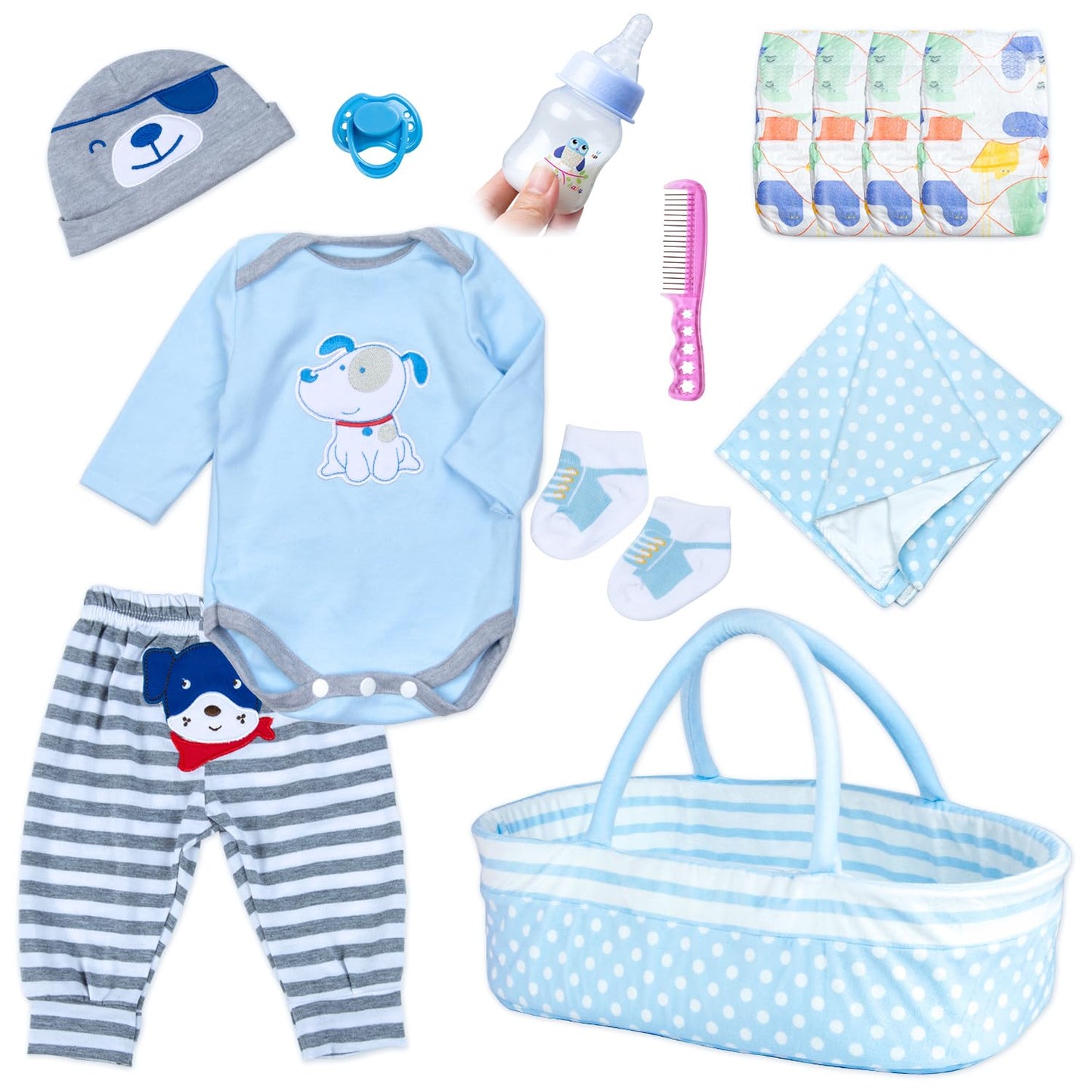 Pedolltree Reborn Baby Doll Clothes Boy Blue Dog Outfit 13-Piece Set for 17-22 Inch Dolls