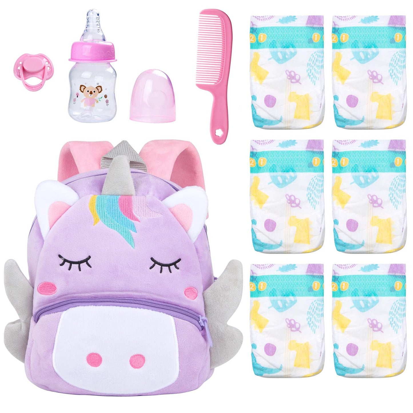 Pedolltree 10-Piece Reborn Doll Diaper Bag Care & Feeding Set with Unicorn Backpack (17-24 in)