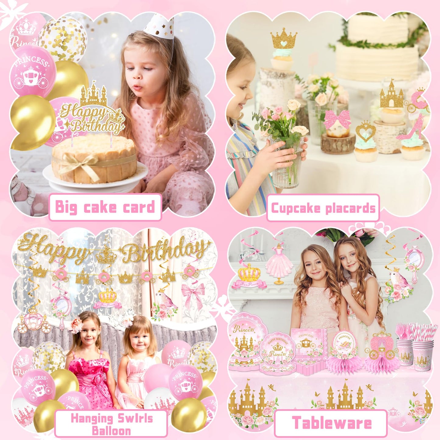 Peghoqu 196Pcs Pink Princess Birthday Party Decorations Set – Serves 24, Includes Banner, Tableware & Balloons