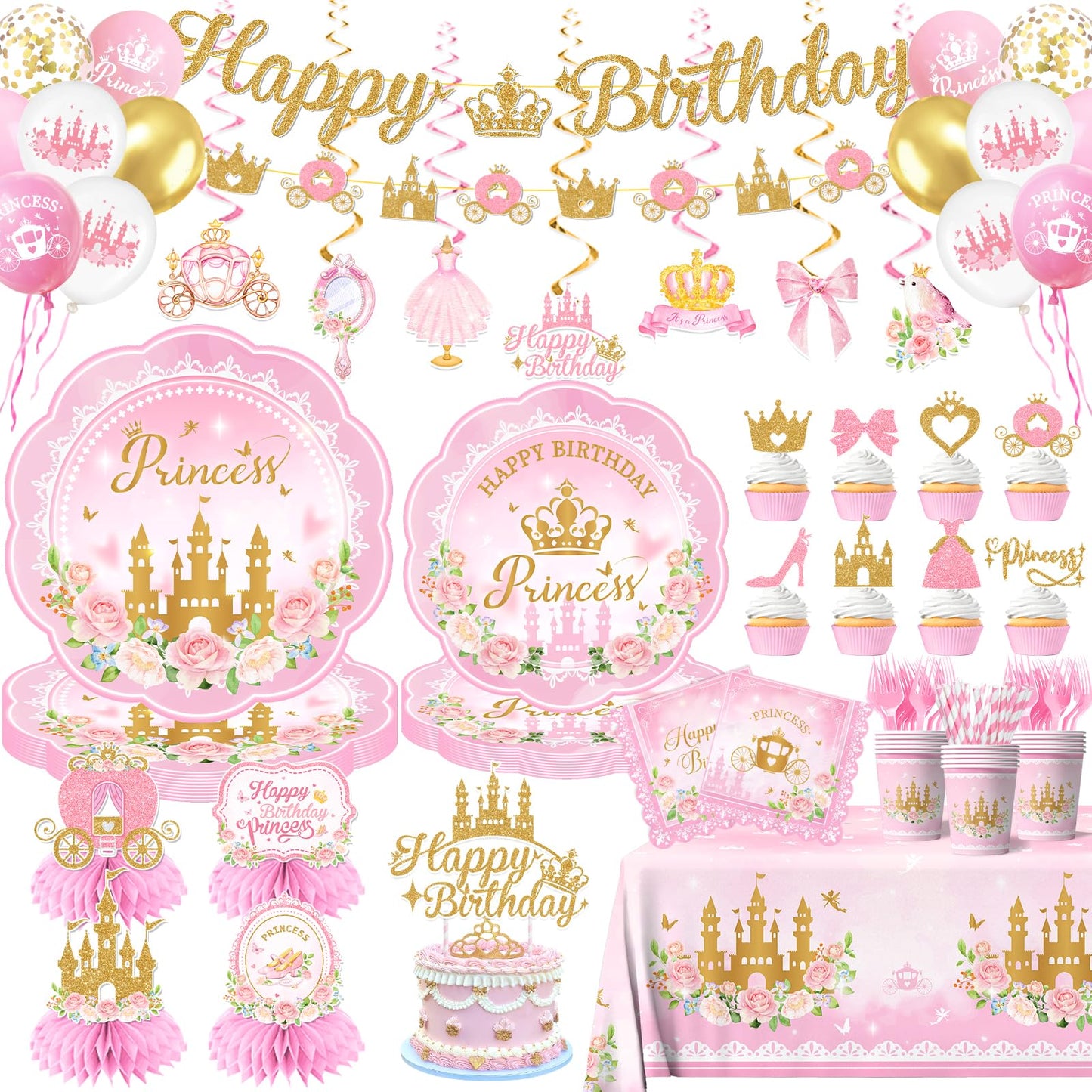 Peghoqu 196Pcs Pink Princess Birthday Party Decorations Set – Serves 24, Includes Banner, Tableware & Balloons
