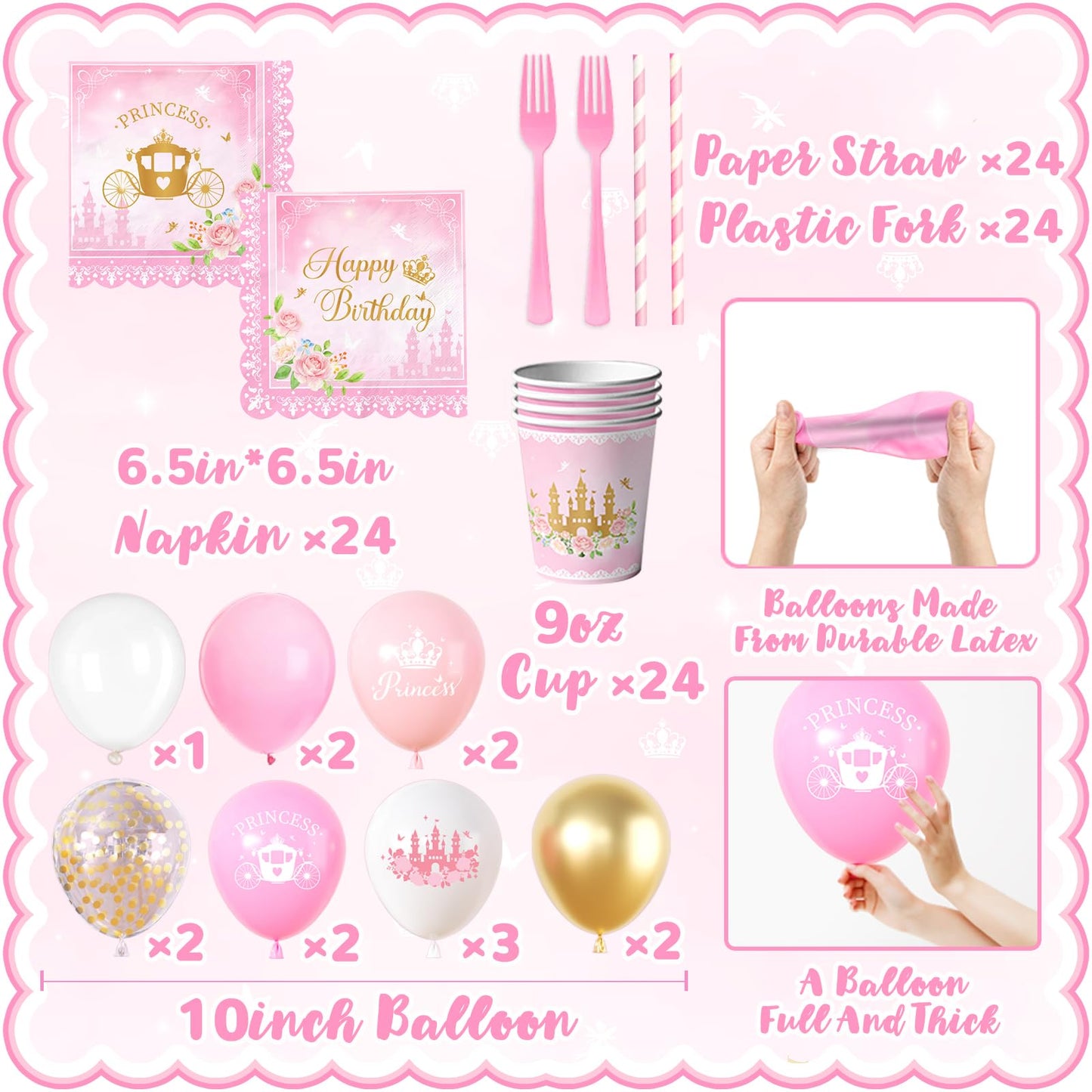 Peghoqu 196Pcs Pink Princess Birthday Party Decorations Set – Serves 24, Includes Banner, Tableware & Balloons