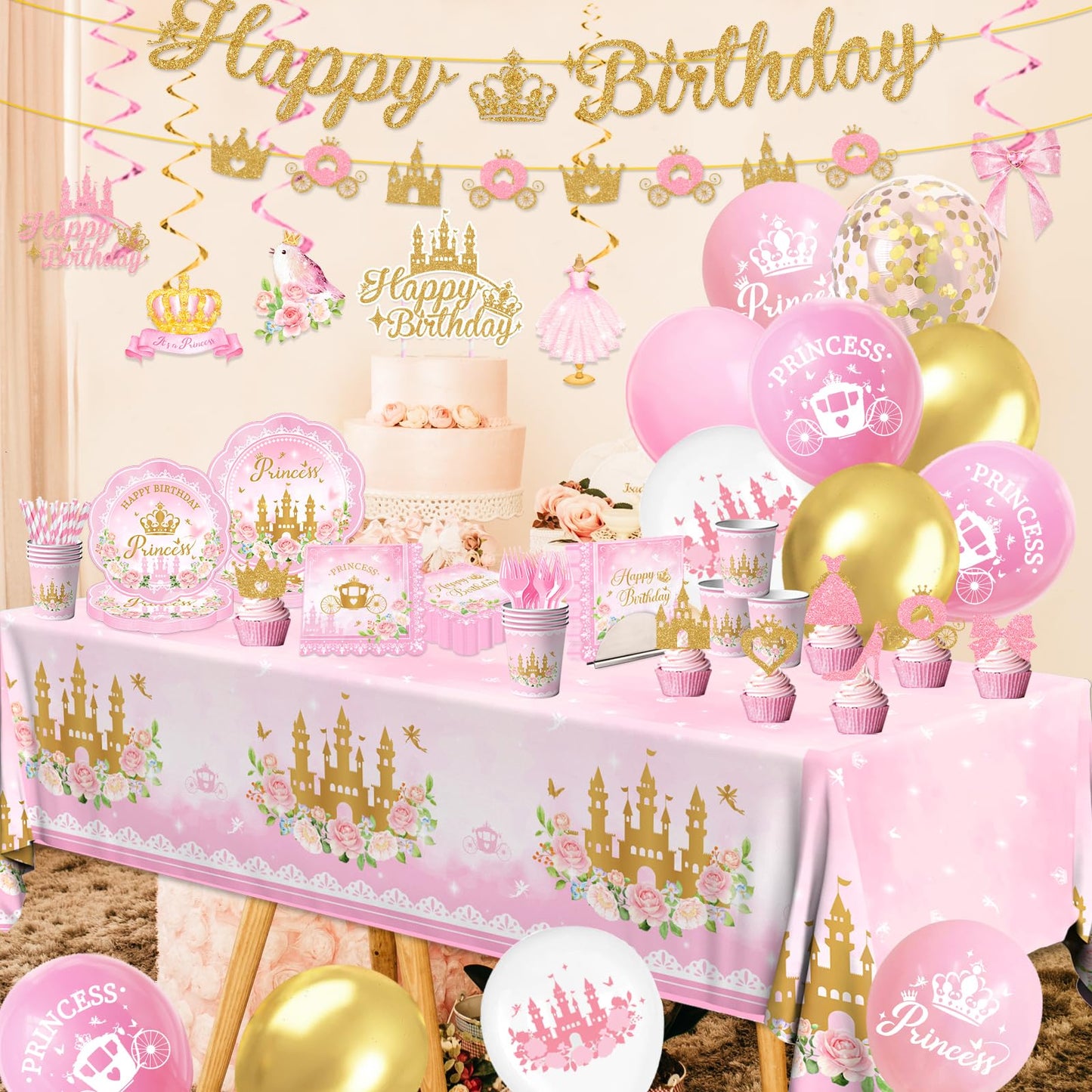 Peghoqu 196Pcs Pink Princess Birthday Party Decorations Set – Serves 24, Includes Banner, Tableware & Balloons