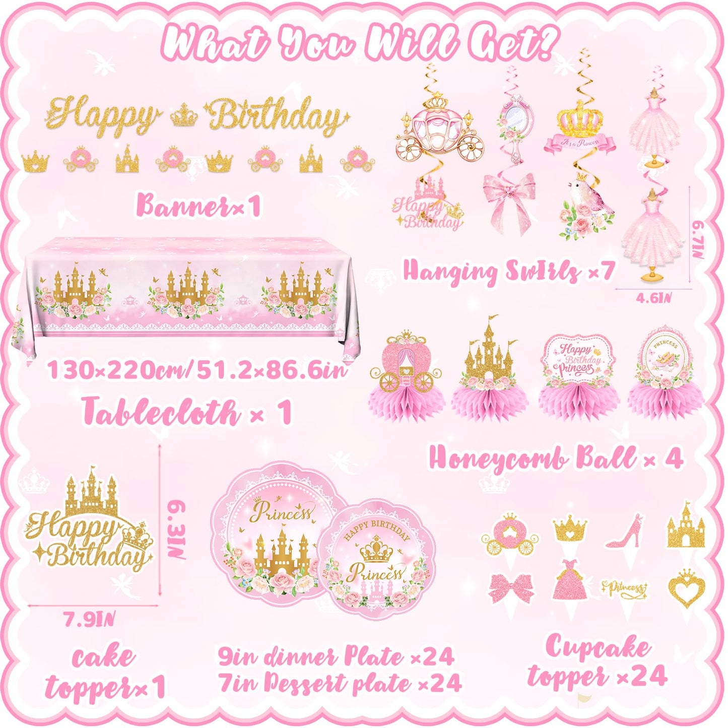 Peghoqu 196Pcs Pink Princess Birthday Party Decorations Set – Serves 24, Includes Banner, Tableware & Balloons
