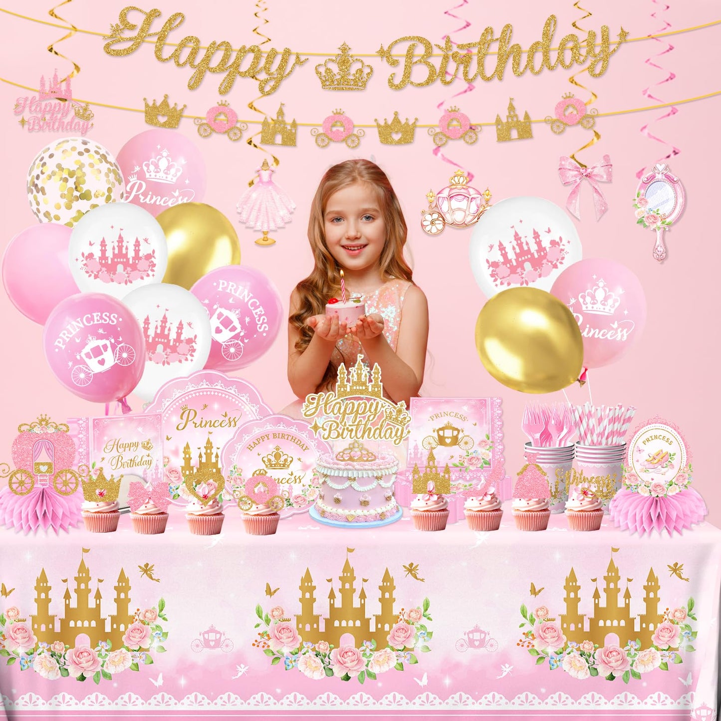 Peghoqu 196Pcs Pink Princess Birthday Party Decorations Set – Serves 24, Includes Banner, Tableware & Balloons