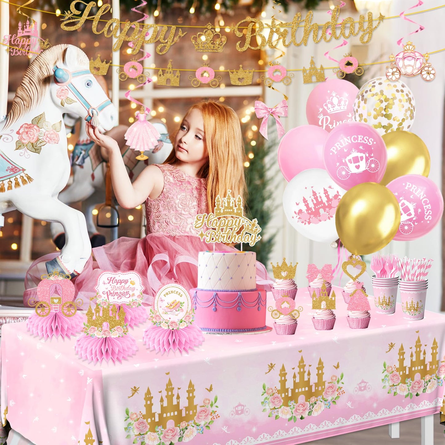 Peghoqu 196Pcs Pink Princess Birthday Party Decorations Set – Serves 24, Includes Banner, Tableware & Balloons