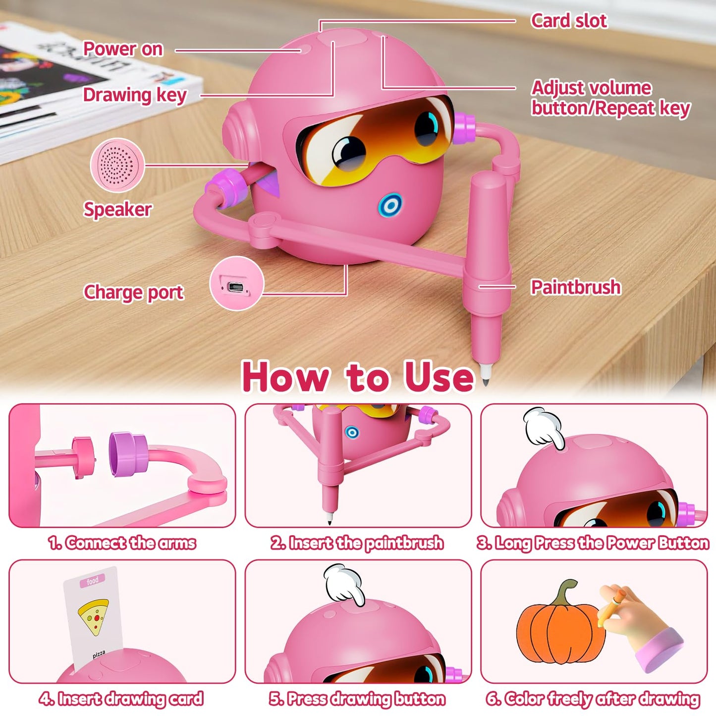 Peledic Drawing Robot for Kids – Montessori-Inspired Learning, 100 Cards, 12 Pens, Voice Interaction