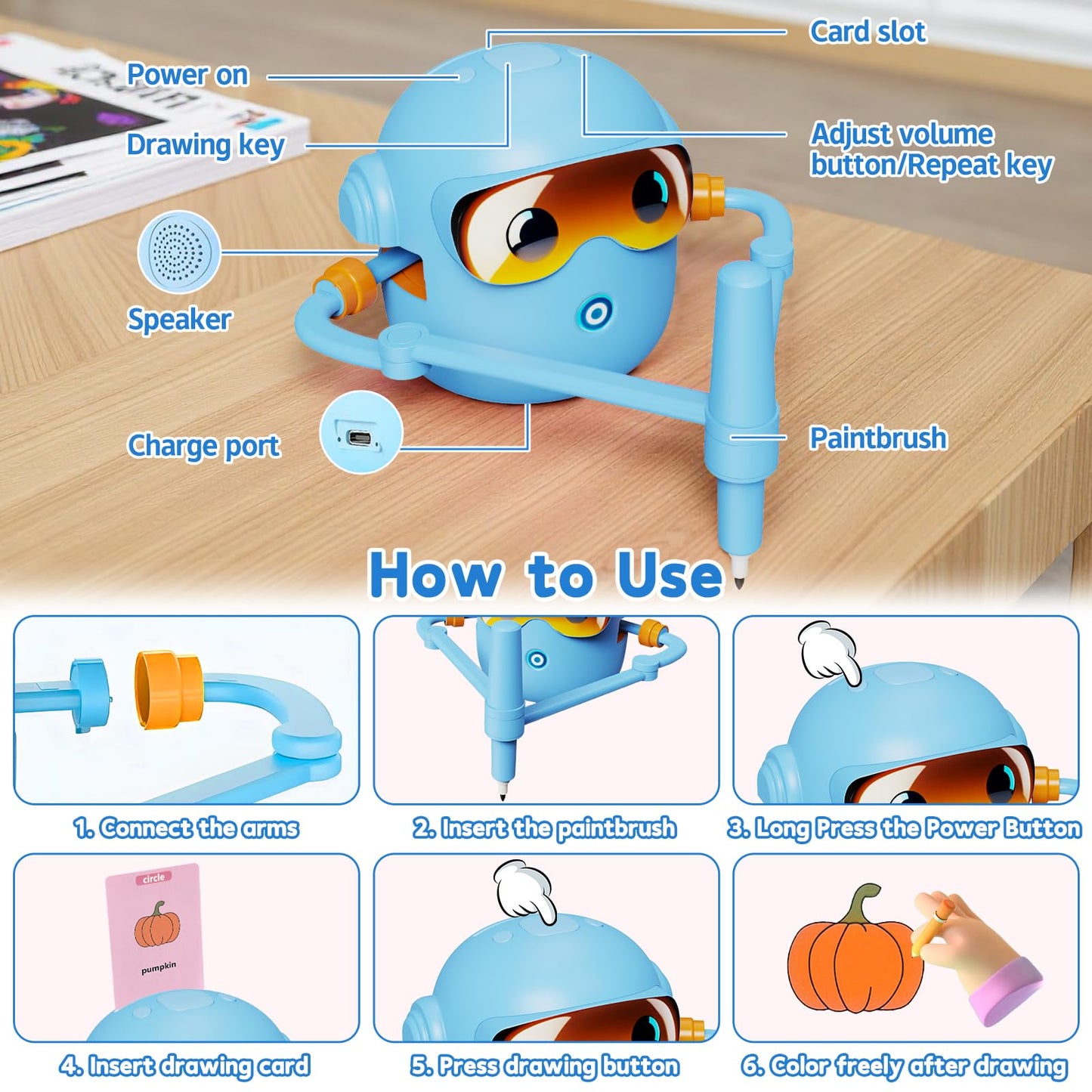 Peledic Drawing Robot for Kids – Montessori Art Toy, 100 Cards, 12 Pens, Voice Interaction