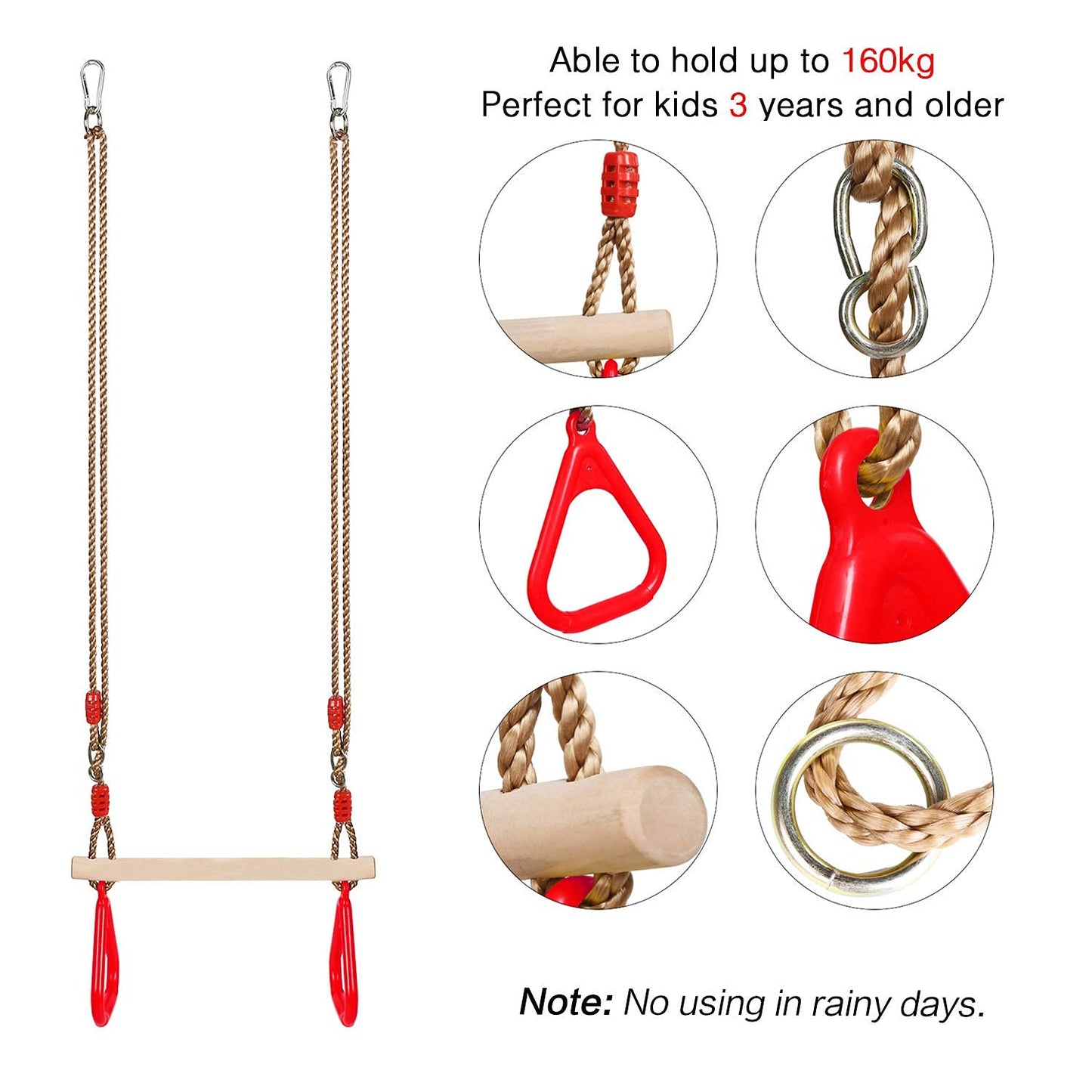 PELLOR Playground Wooden Trapeze Swing Bar with Plastic Gym Rings – Indoor & Outdoor Swing Set Accessory