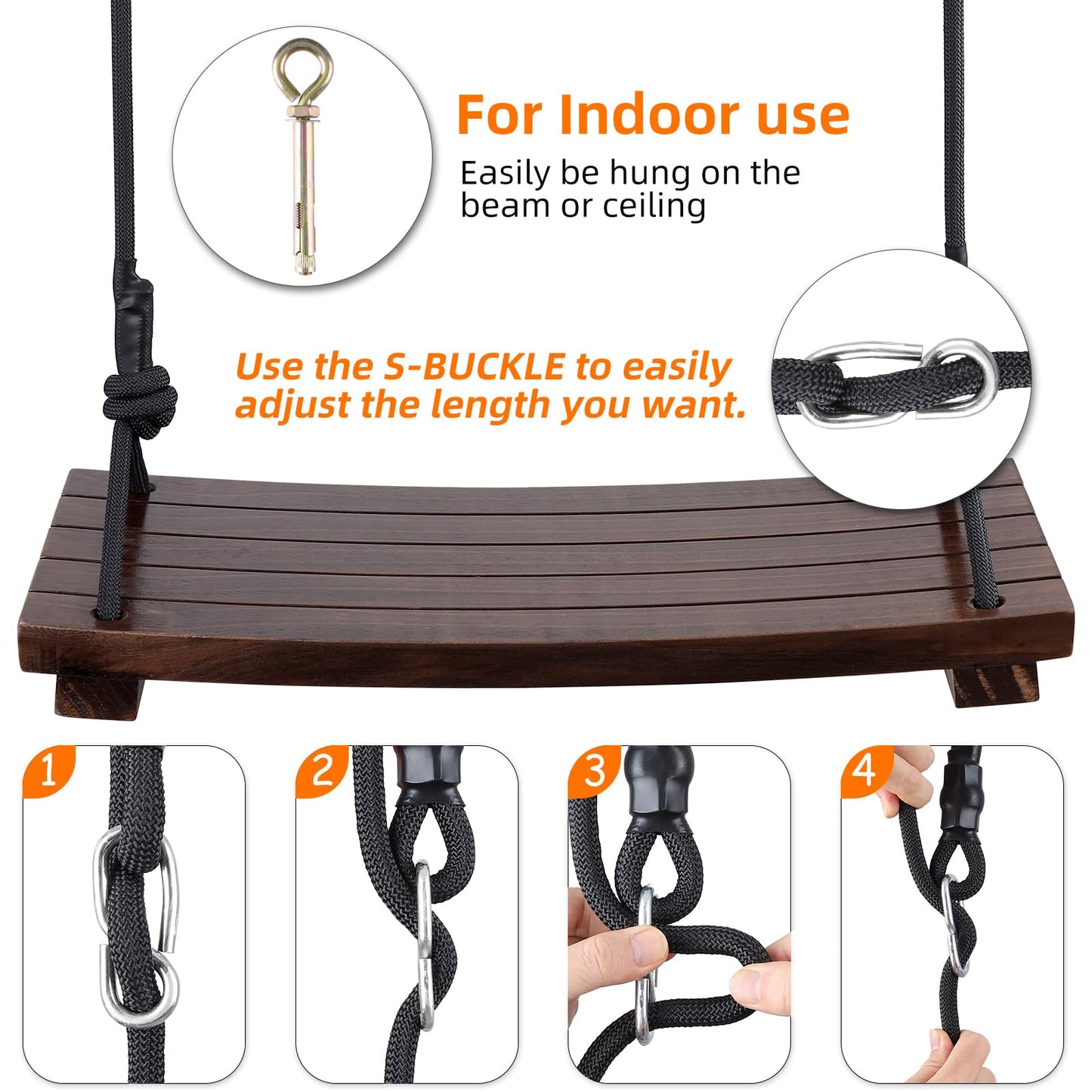 PELLOR Wood Swing Seat – Carbonized Hanging Swing, 550 lb Load, Indoor Outdoor