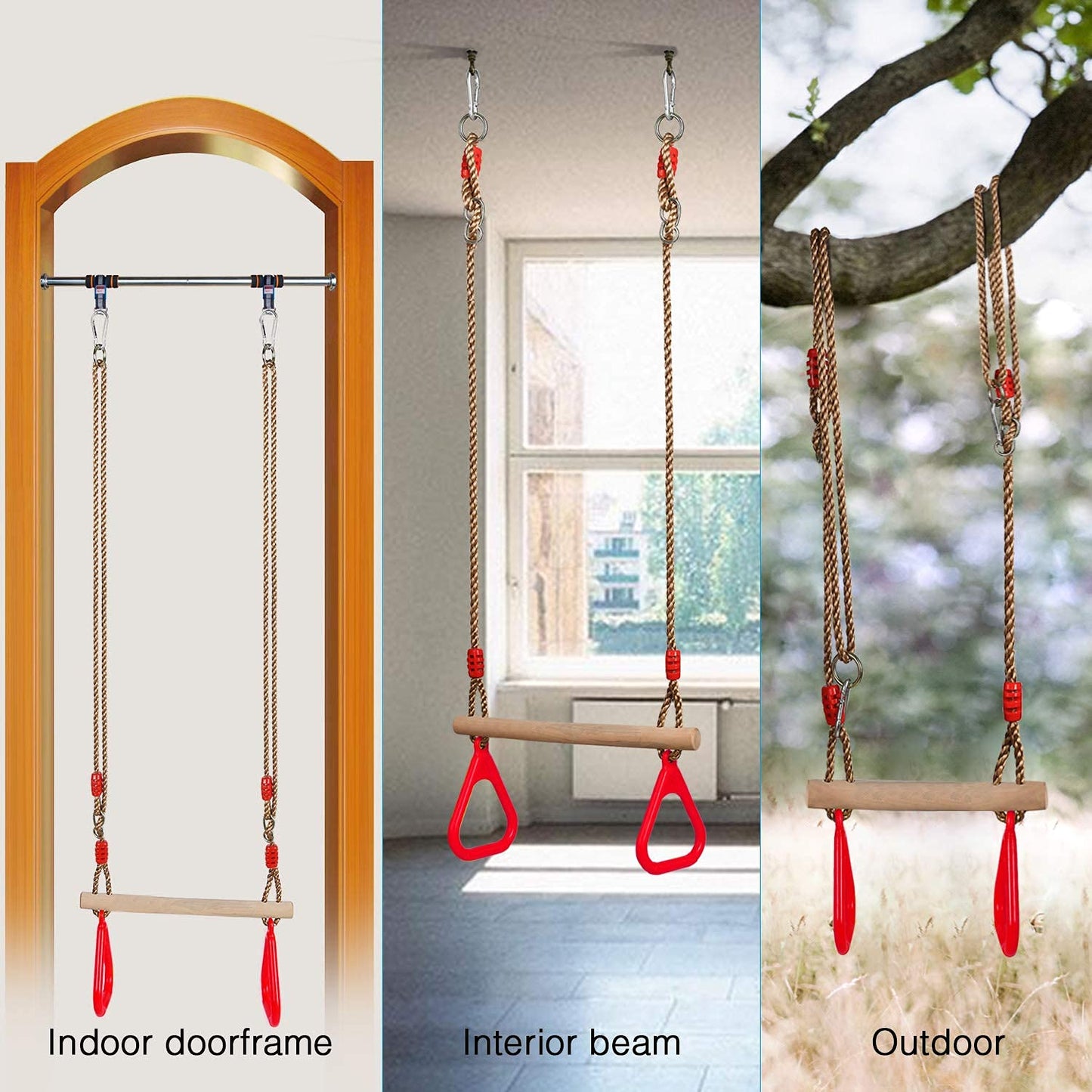 PELLOR Playground Wooden Trapeze Swing Bar with Plastic Gym Rings – Indoor & Outdoor Swing Set Accessory