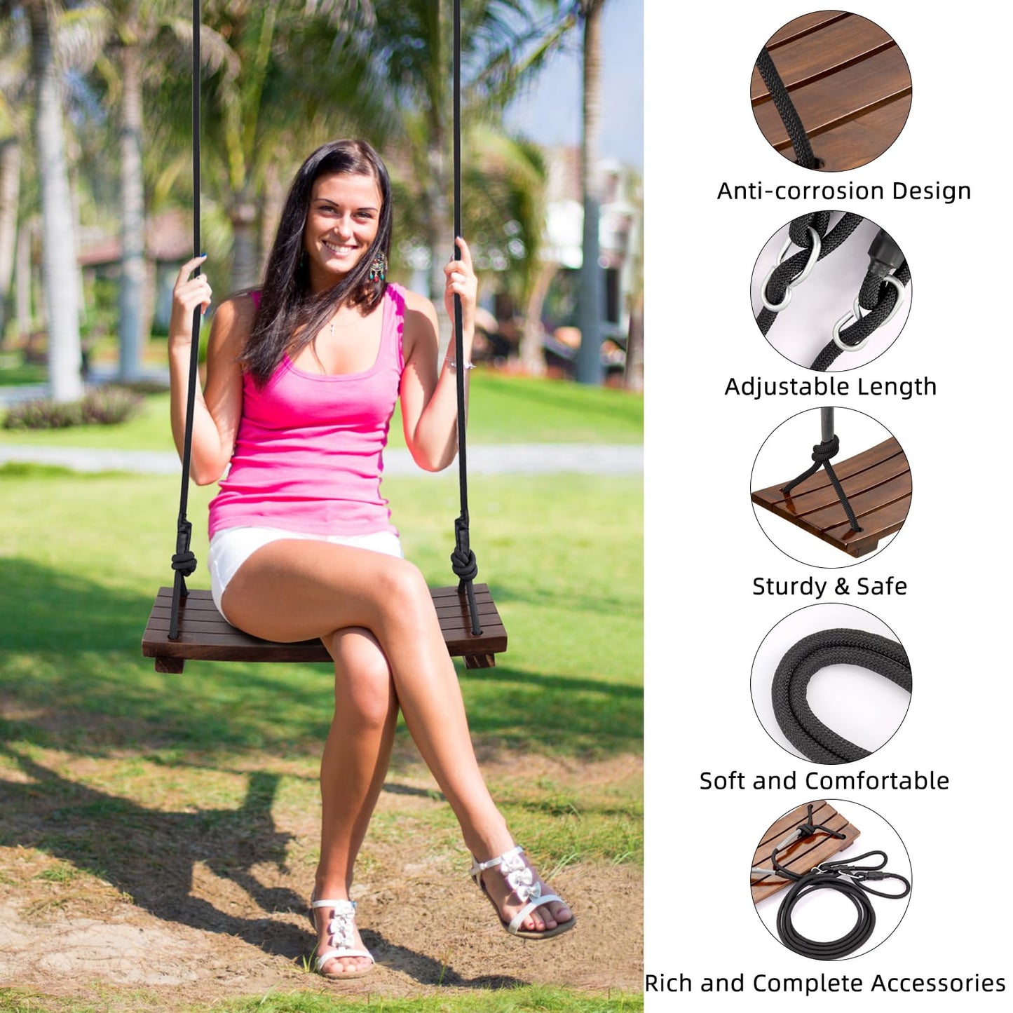 PELLOR Wood Swing Seat – Carbonized Hanging Swing, 550 lb Load, Indoor Outdoor