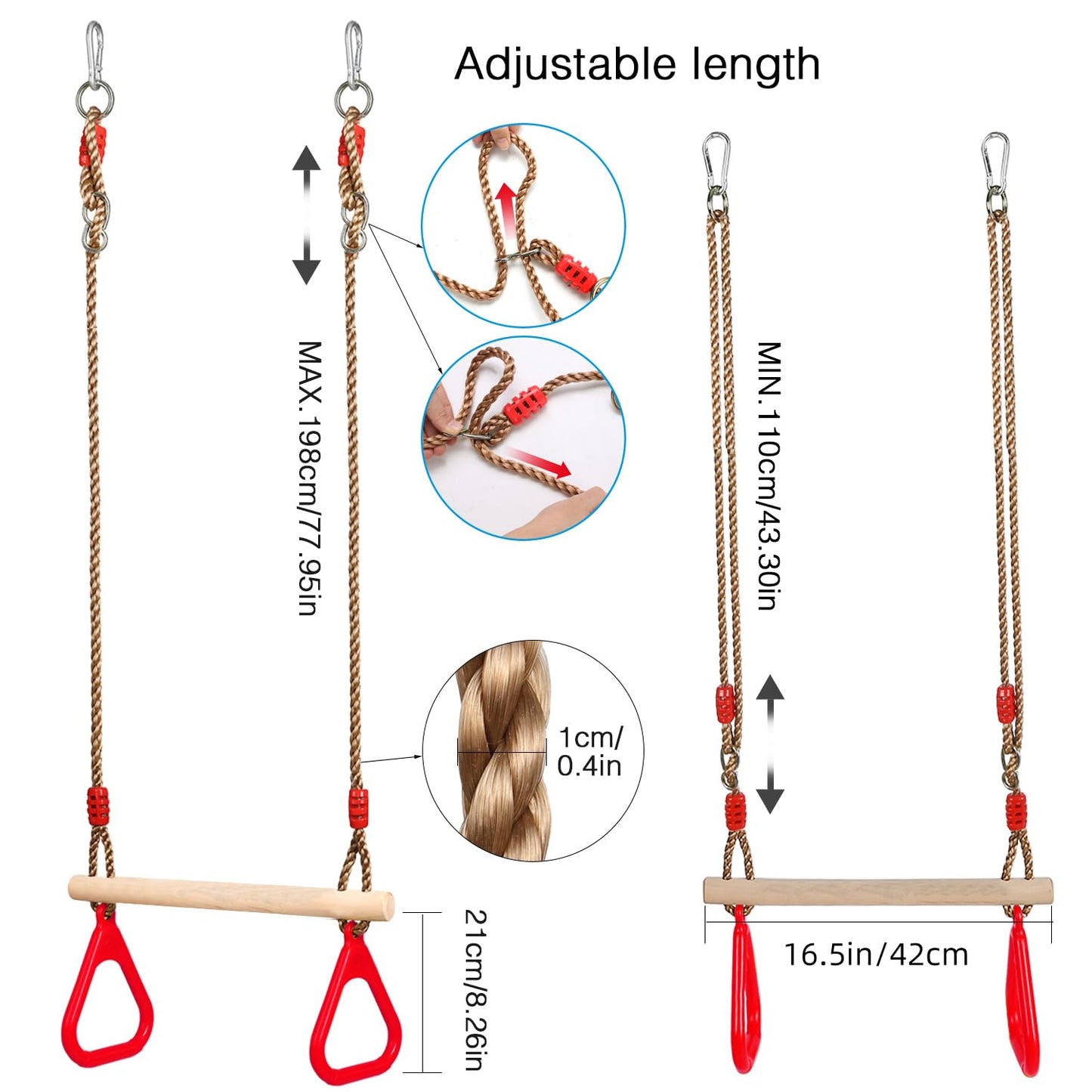 PELLOR Playground Wooden Trapeze Swing Bar with Plastic Gym Rings – Indoor & Outdoor Swing Set Accessory