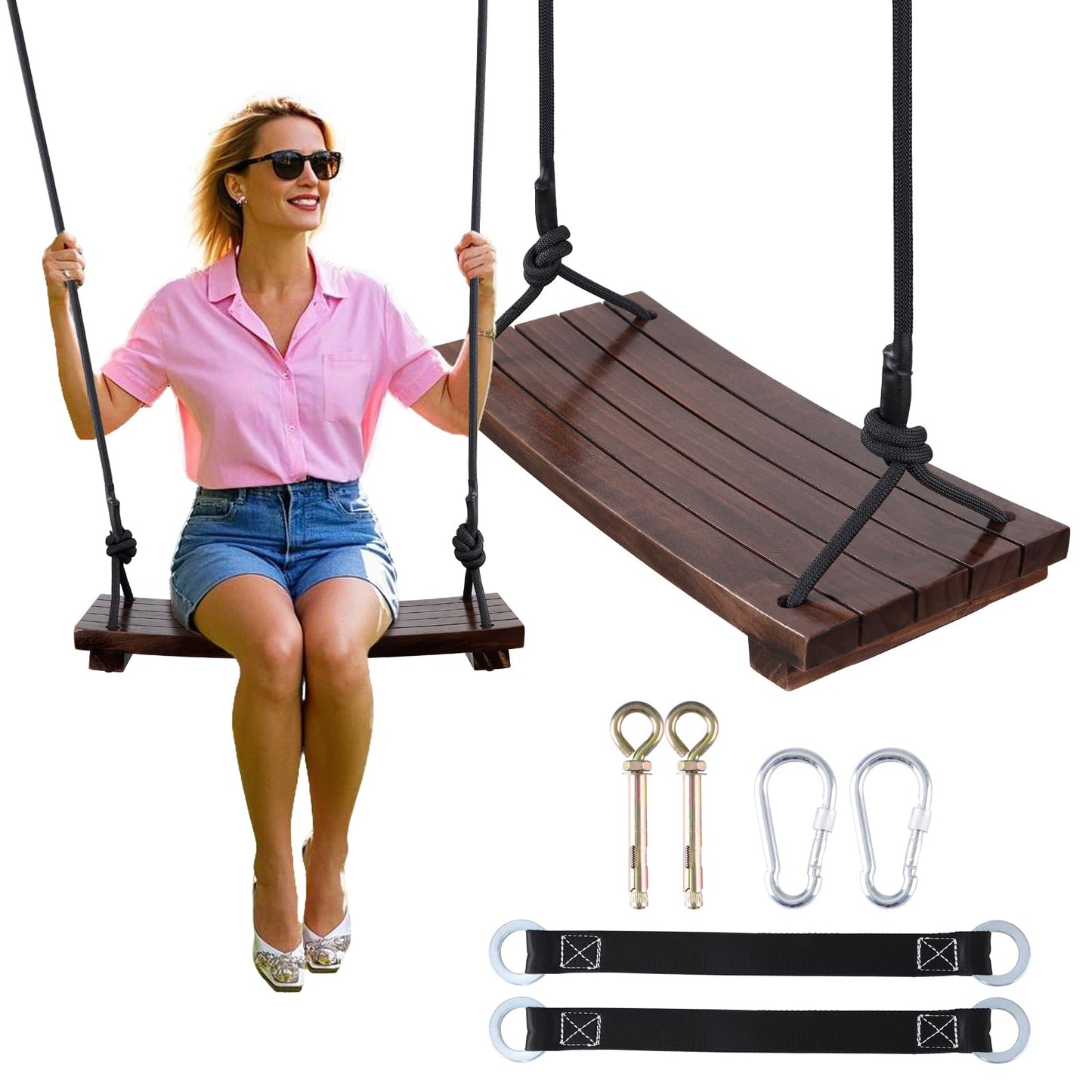 PELLOR Wood Swing Seat – Carbonized Hanging Swing, 550 lb Load, Indoor Outdoor
