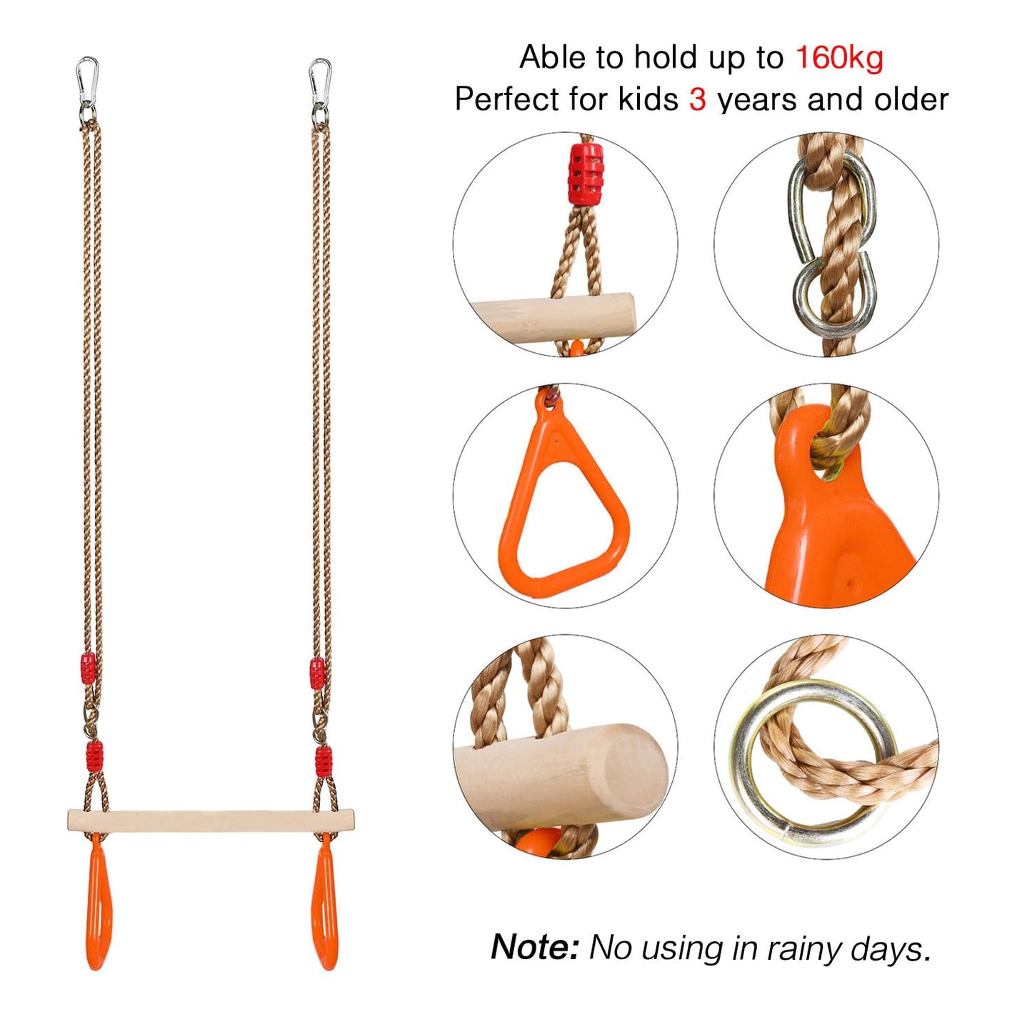 PELLOR Kids Trapeze Bar with Rings – Wooden Swing Bar for Indoor & Outdoor Play