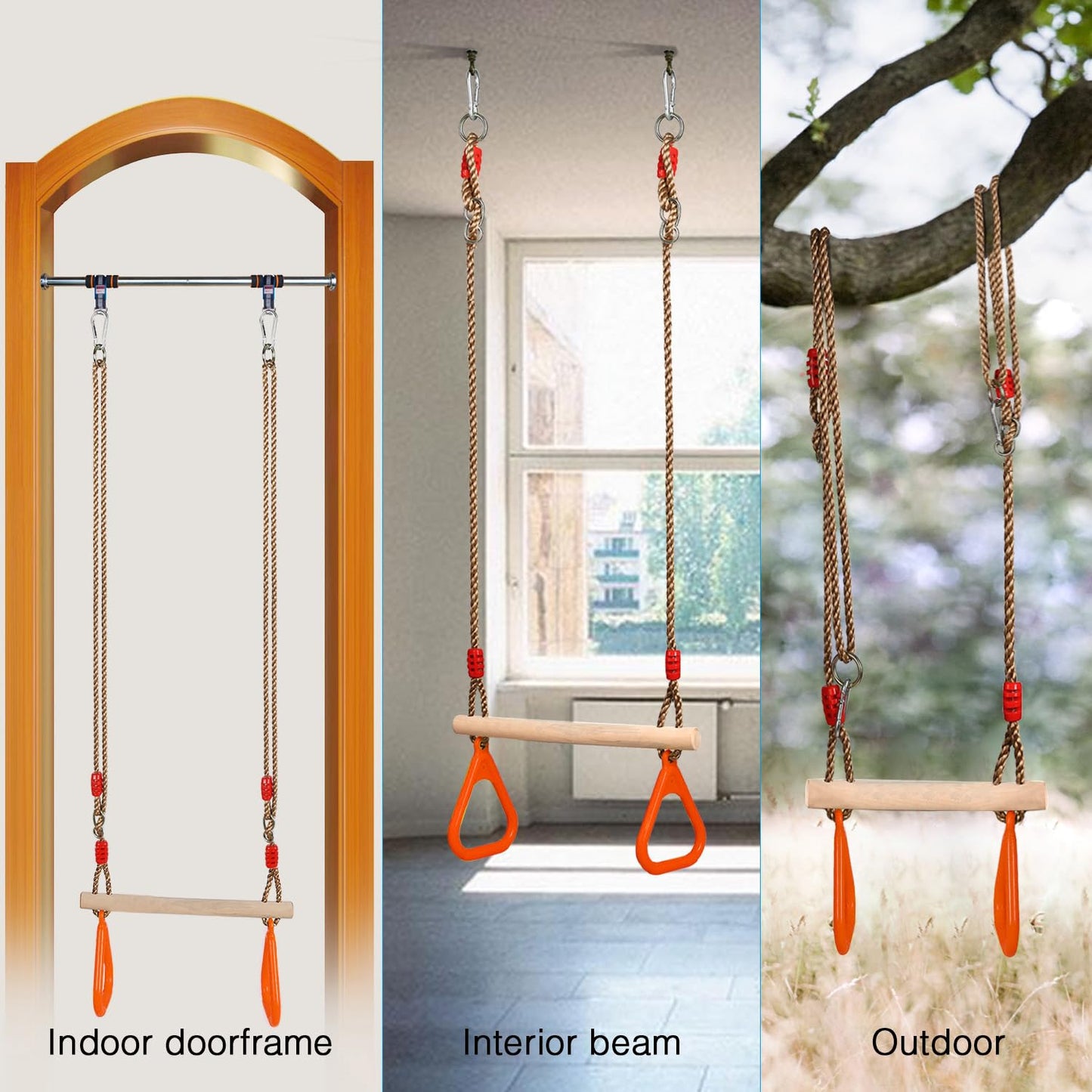 PELLOR Kids Trapeze Bar with Rings – Wooden Swing Bar for Indoor & Outdoor Play
