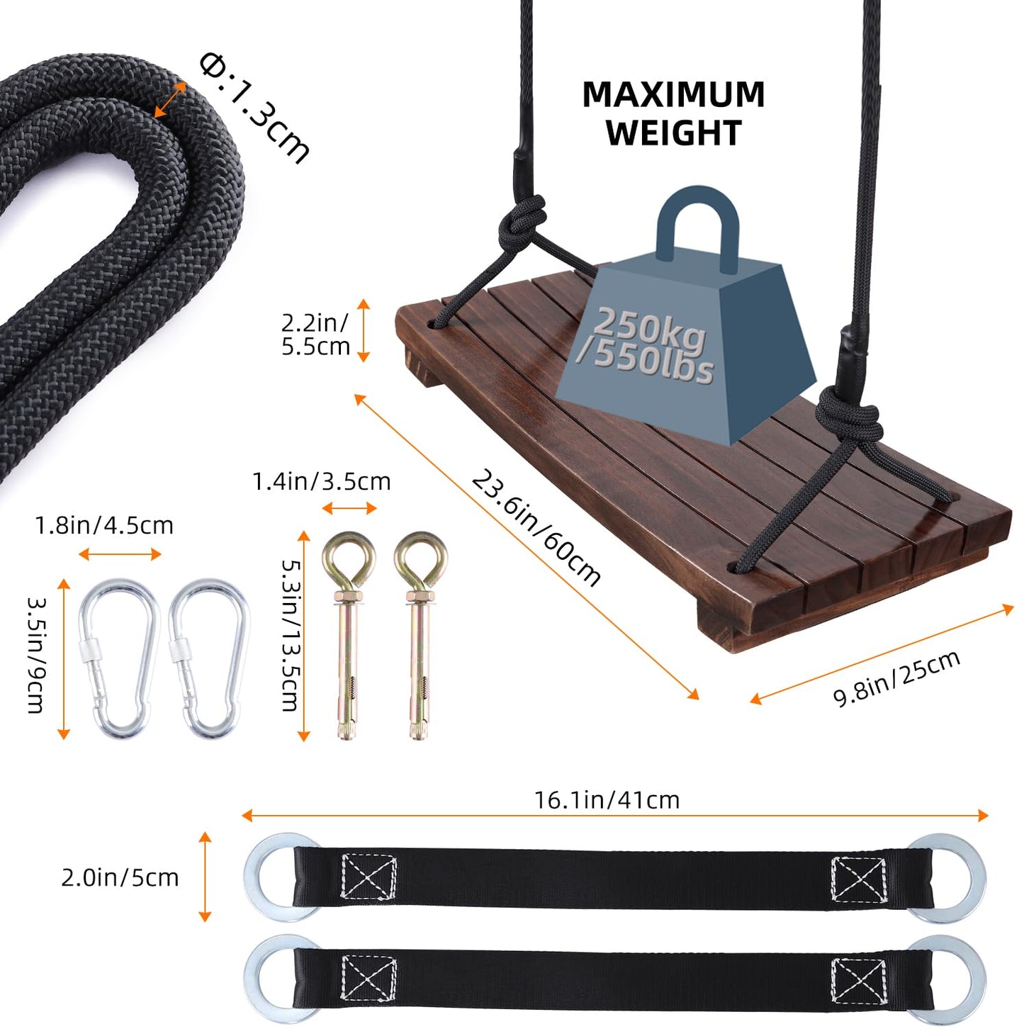 PELLOR Wood Swing Seat – Carbonized Hanging Swing, 550 lb Load, Indoor Outdoor