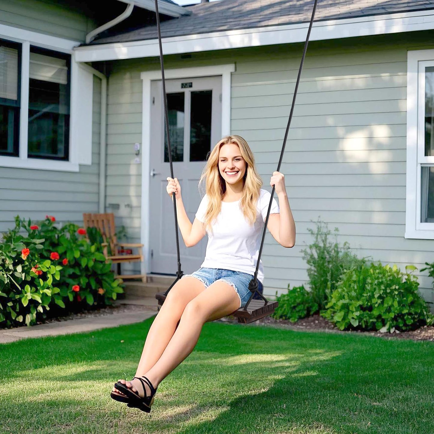 PELLOR Wood Swing Seat – Carbonized Hanging Swing, 550 lb Load, Indoor Outdoor