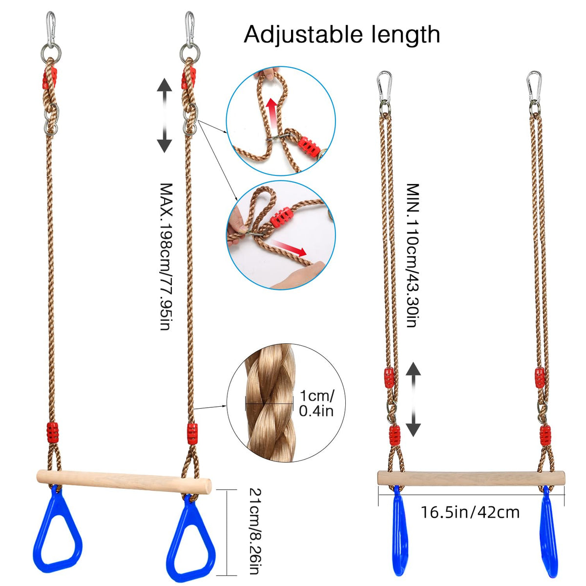 PELLOR Playground Wooden Trapeze Swing Bar with Plastic Gym Rings – Indoor & Outdoor Swing Set Accessory