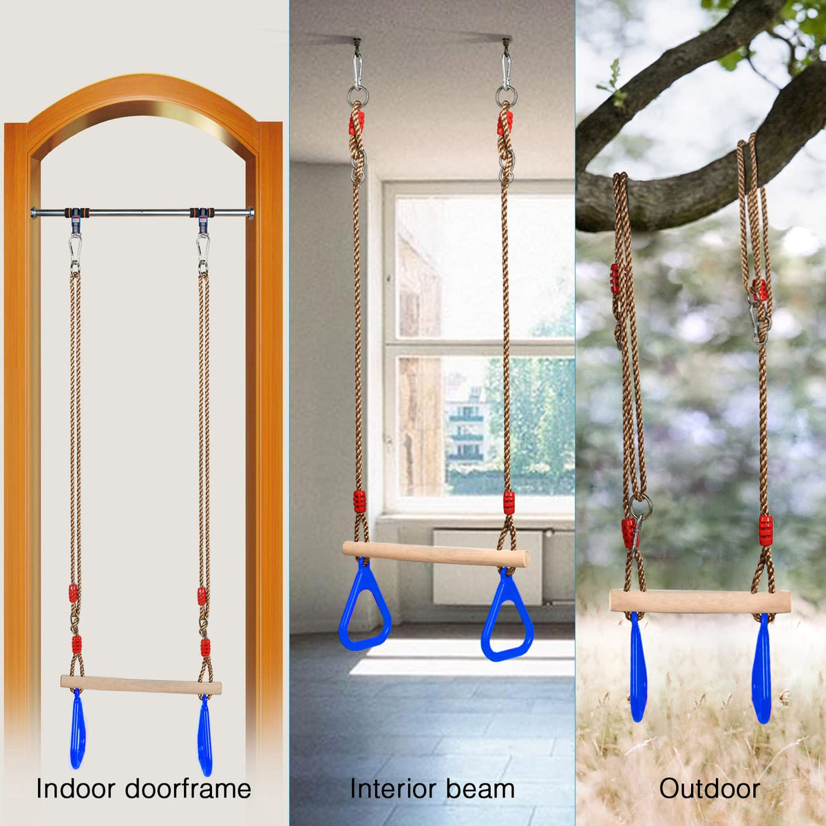 PELLOR Playground Wooden Trapeze Swing Bar with Plastic Gym Rings – Indoor & Outdoor Swing Set Accessory