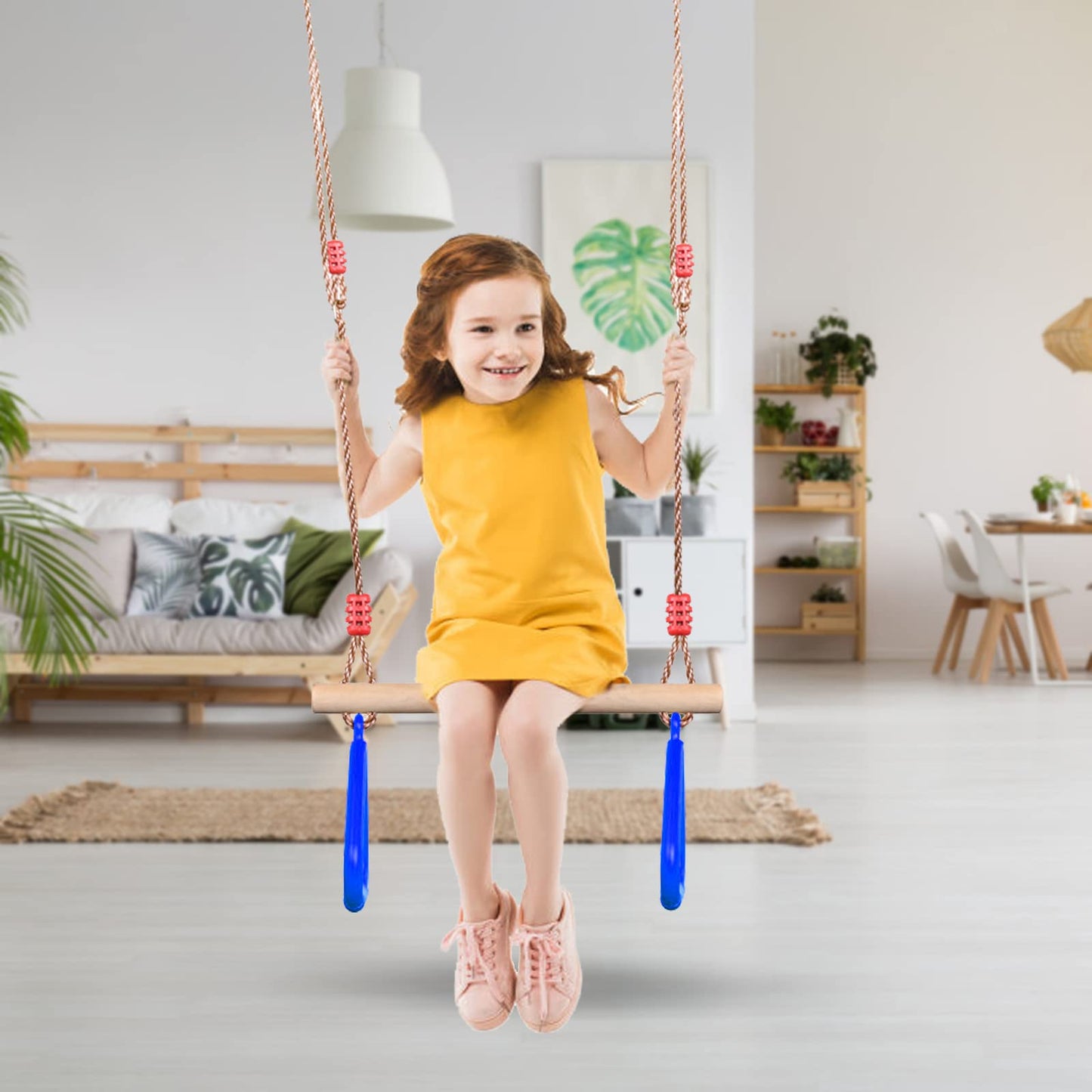 PELLOR Playground Wooden Trapeze Swing Bar with Plastic Gym Rings – Indoor & Outdoor Swing Set Accessory