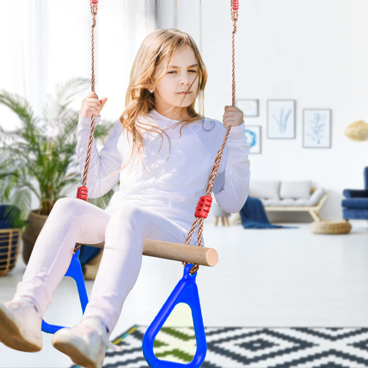 PELLOR Playground Wooden Trapeze Swing Bar with Plastic Gym Rings – Indoor & Outdoor Swing Set Accessory