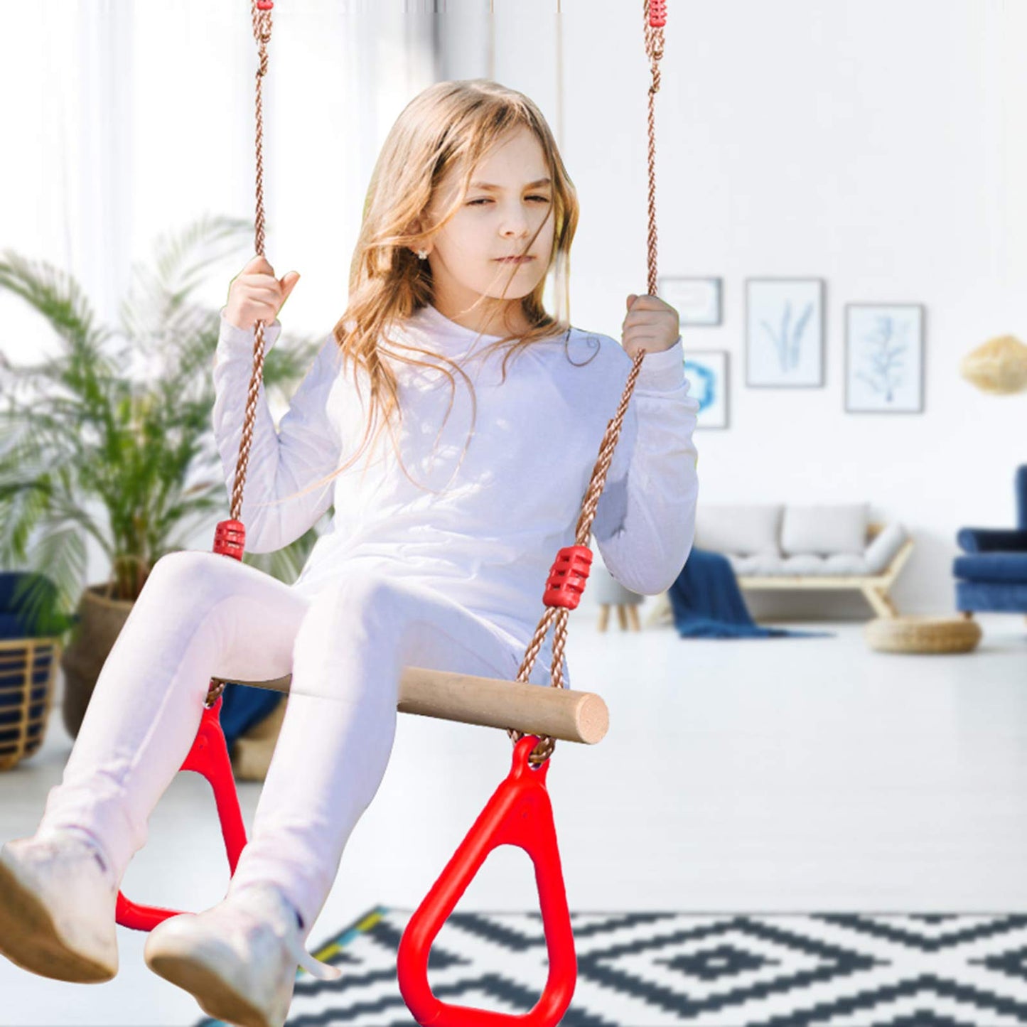 PELLOR Playground Wooden Trapeze Swing Bar with Plastic Gym Rings – Indoor & Outdoor Swing Set Accessory