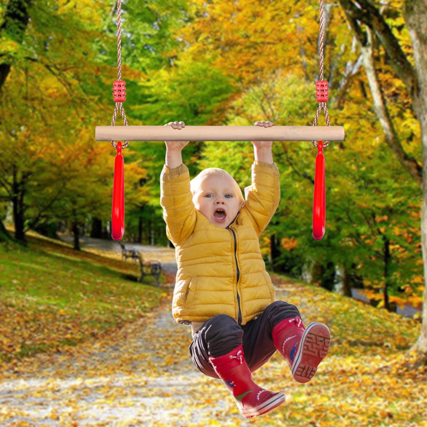 PELLOR Playground Wooden Trapeze Swing Bar with Plastic Gym Rings – Indoor & Outdoor Swing Set Accessory