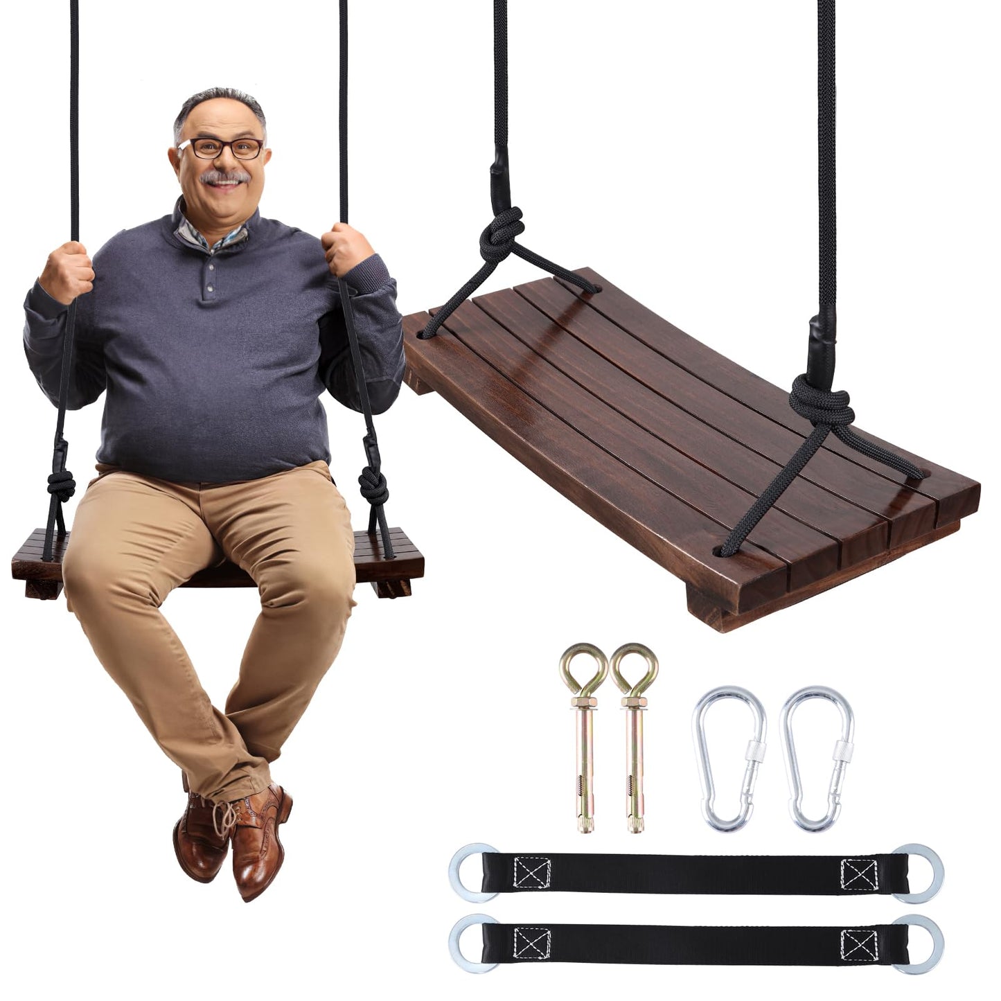 PELLOR Wood Swing Seat – Carbonized Hanging Swing, 550 lb Load, Indoor Outdoor