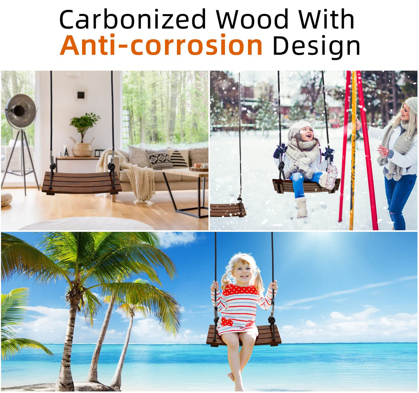 PELLOR Wooden Swing Seat | Carbonized Hanging Swing, 440 lbs Load, Indoor & Outdoor
