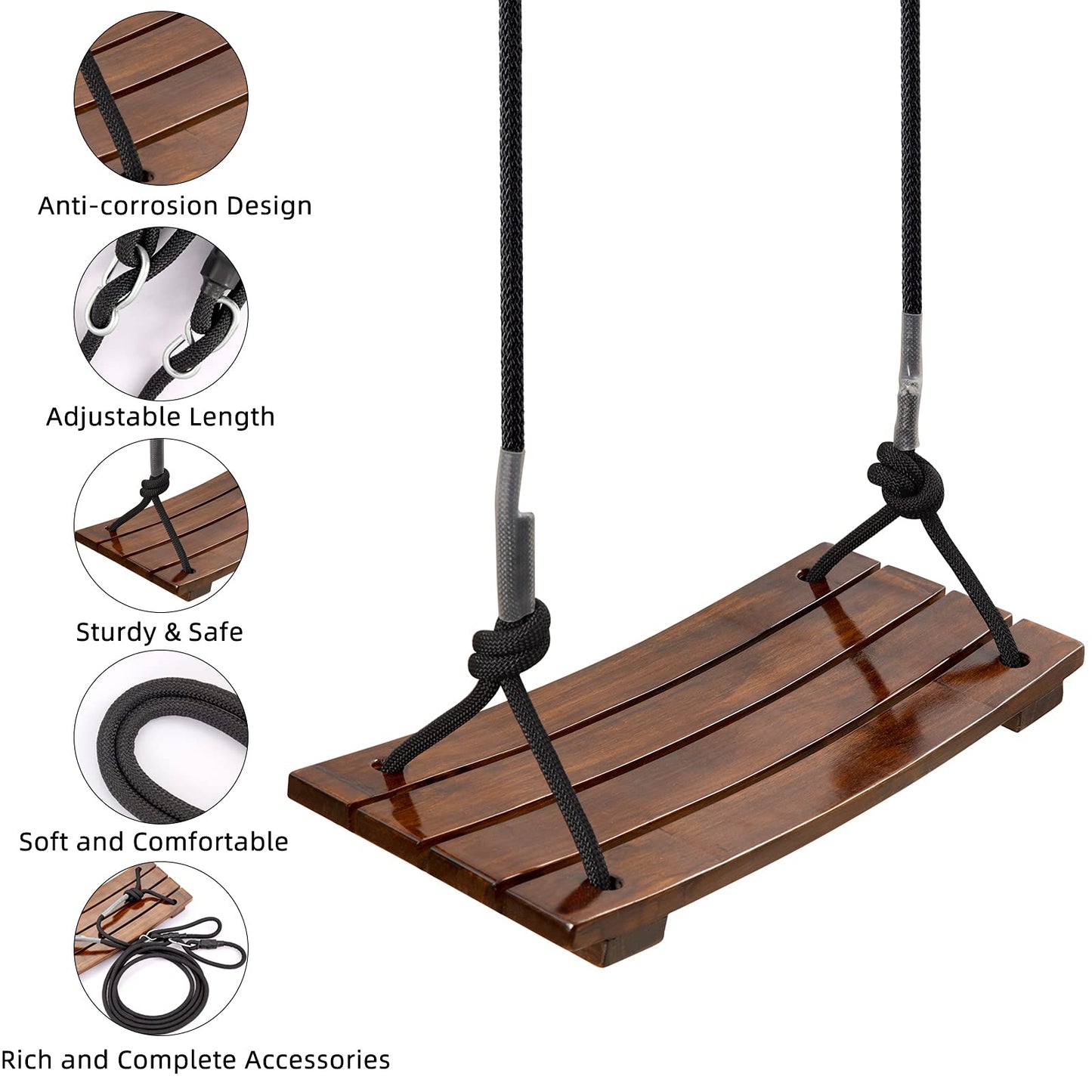 PELLOR Wooden Swing Seat | Carbonized Hanging Swing, 440 lbs Load, Indoor & Outdoor
