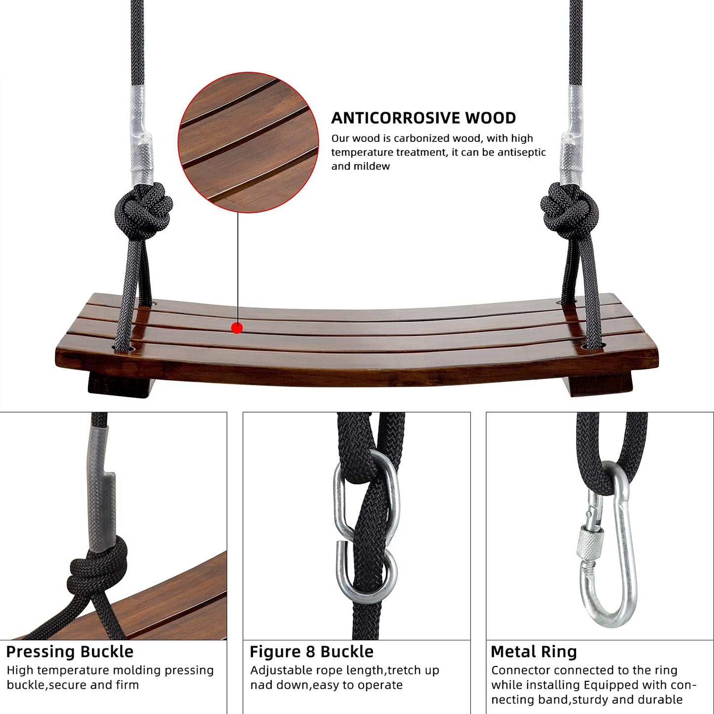 PELLOR Wooden Swing Seat | Carbonized Hanging Swing, 440 lbs Load, Indoor & Outdoor