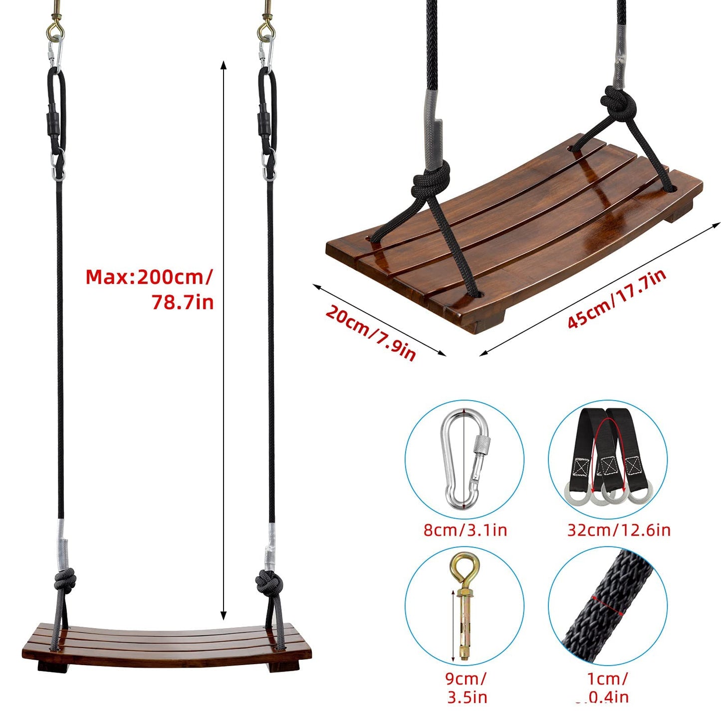 PELLOR Wooden Swing Seat | Carbonized Hanging Swing, 440 lbs Load, Indoor & Outdoor