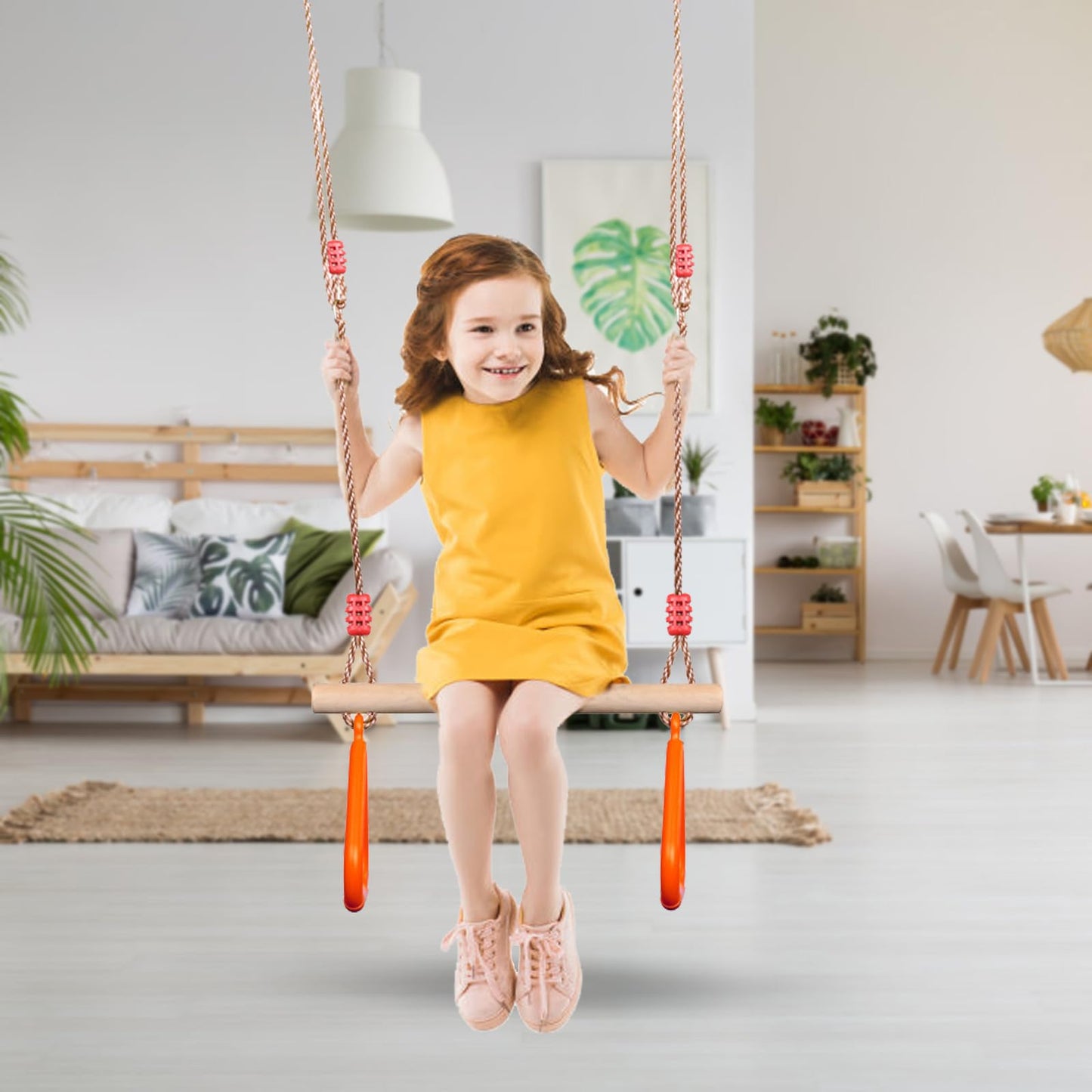 PELLOR Kids Trapeze Bar with Rings – Wooden Swing Bar for Indoor & Outdoor Play