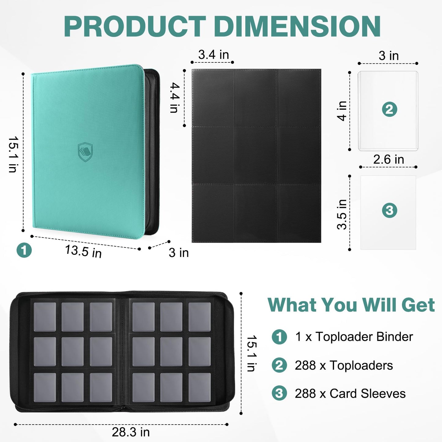 Pemocyny Top Loader Binder – 288 Toploaders & 288 Card Sleeves Included | 9-Pocket Binder for 3x4 Top Loaders