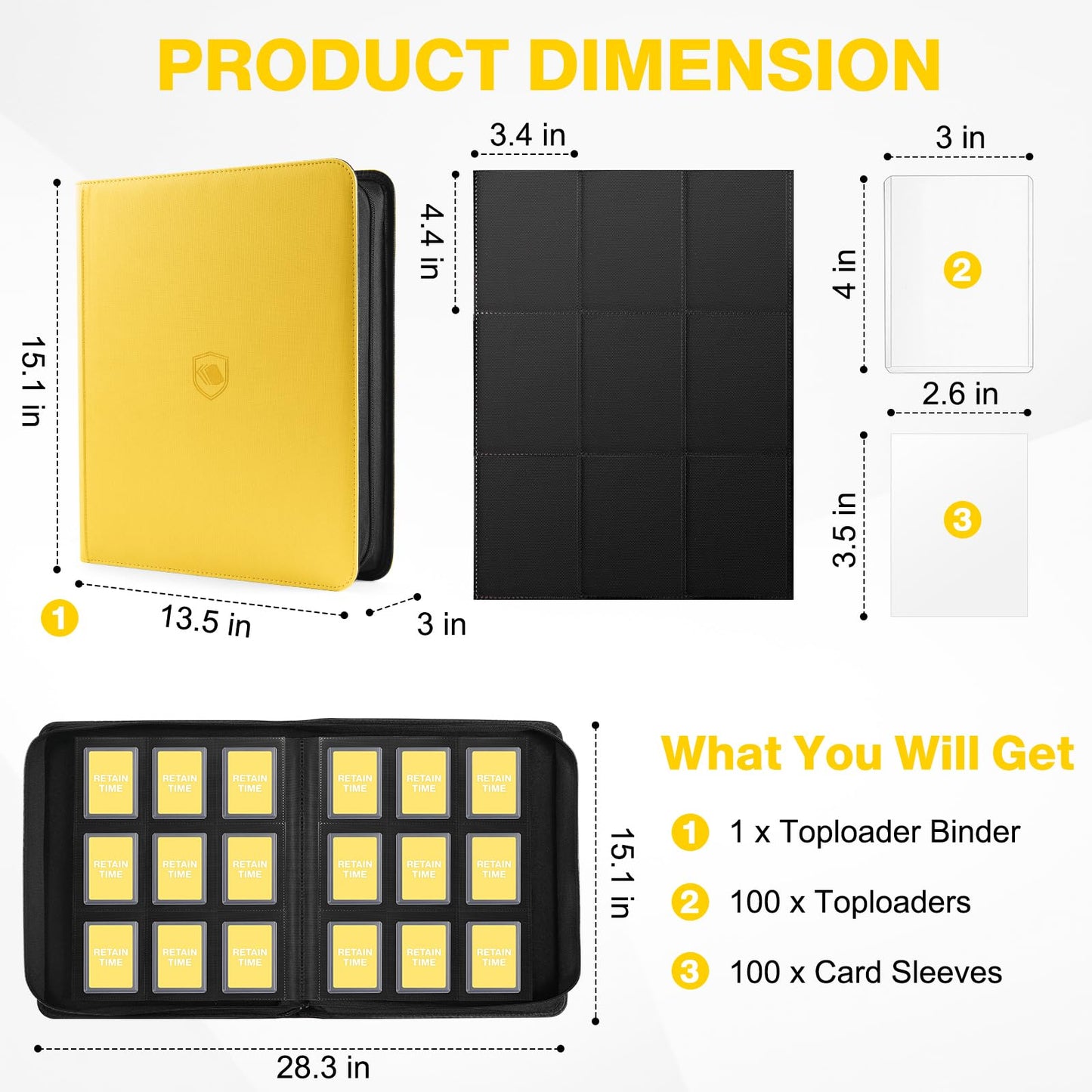 Pemocyny Toploader Binder – 360-Card Capacity, 100 Toploaders Included, 9-Pocket PU Cover for 3x4 Toploaders