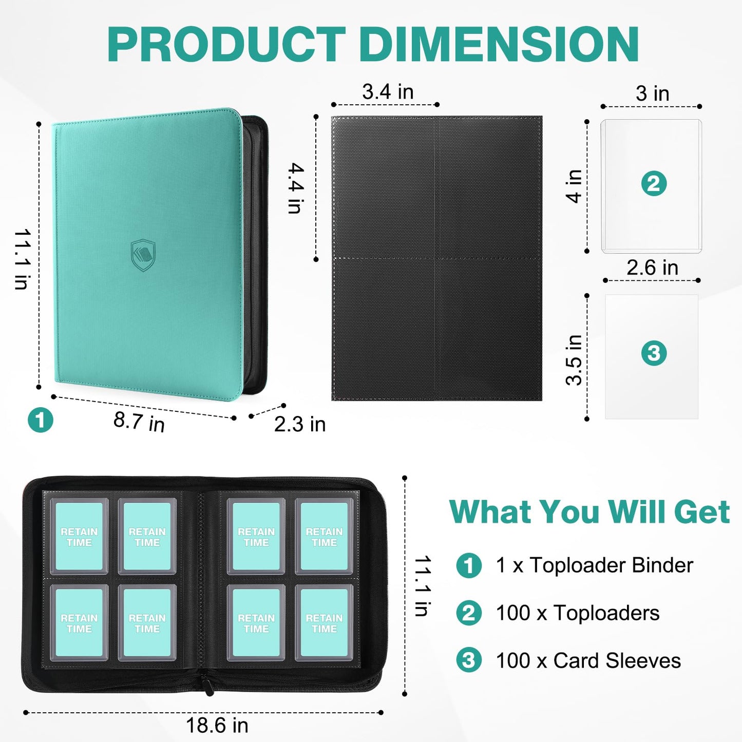 Pemocyny Toploader Binder – 160 Card Capacity, 4-Pocket PU Cover, 100 Toploaders Included