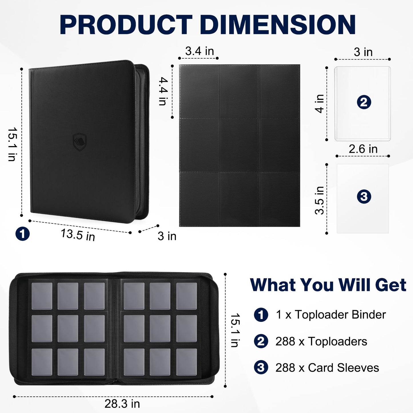 Pemocyny Top Loader Binder — 9-Pocket for 3x4 Toploaders, 288 Toploaders + 288 Card Sleeves Included