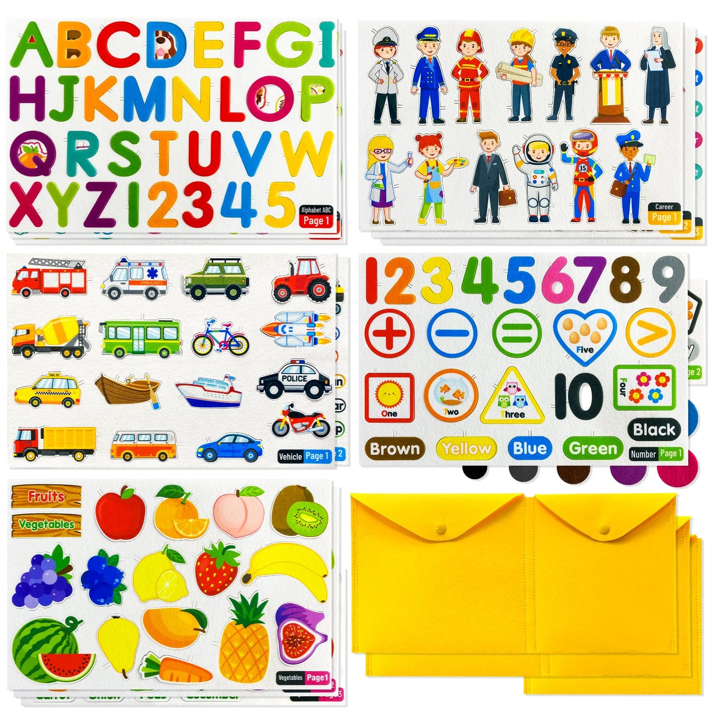 PENGFULL 5 Felt Learning Pieces Set — Alphabet, Fruits & Vegetables, Numbers, Vehicles & Careers