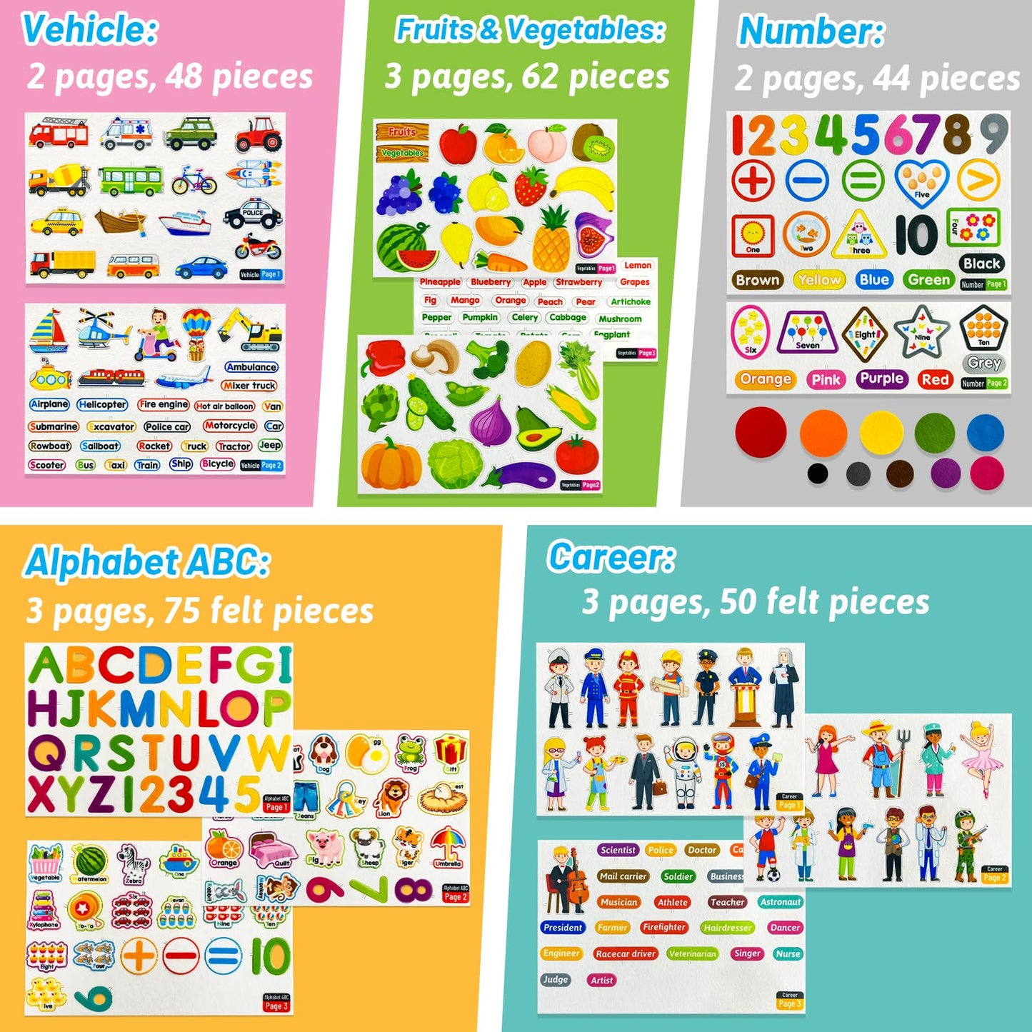 PENGFULL 5 Felt Learning Pieces Set — Alphabet, Fruits & Vegetables, Numbers, Vehicles & Careers