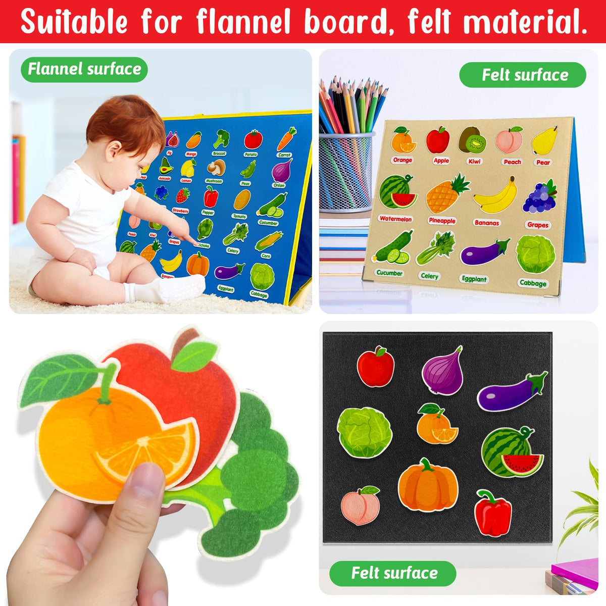 PENGFULL Felt Fruits & Vegetables Learning Pieces – 62 Felt Pieces for Kindergarten, Preschool, Toddlers