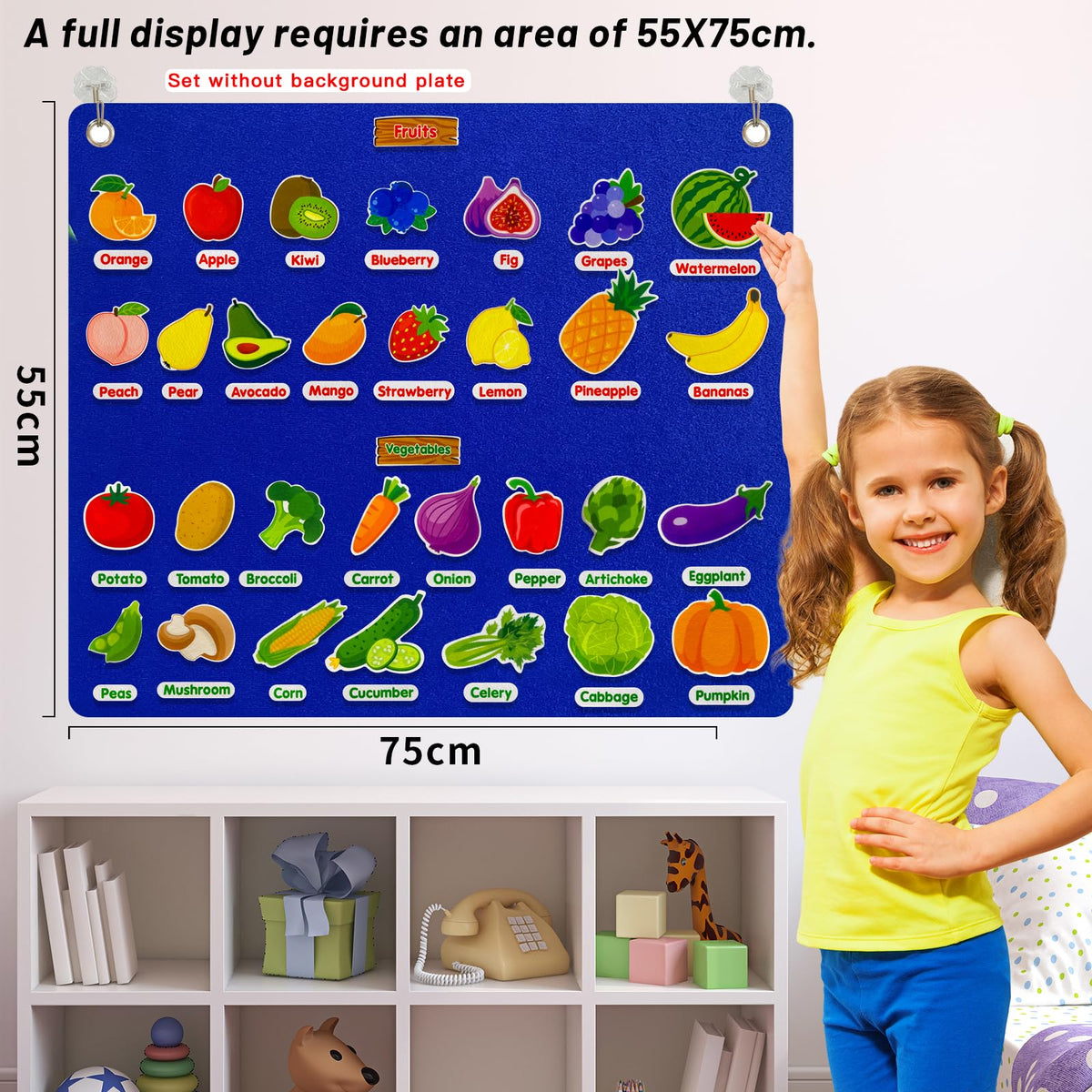 PENGFULL Felt Fruits & Vegetables Learning Pieces – 62 Felt Pieces for Kindergarten, Preschool, Toddlers