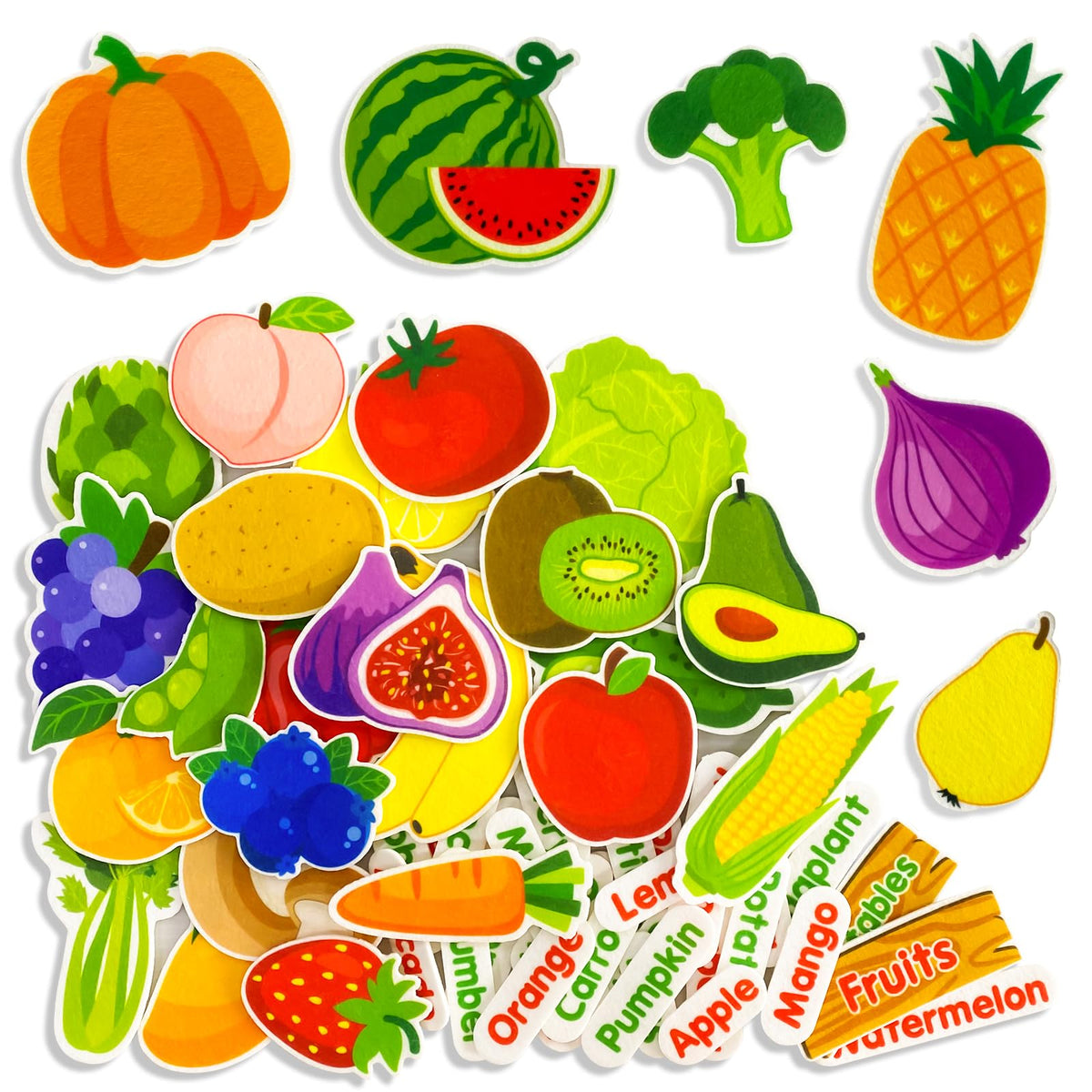 PENGFULL Felt Fruits & Vegetables Learning Pieces – 62 Felt Pieces for Kindergarten, Preschool, Toddlers