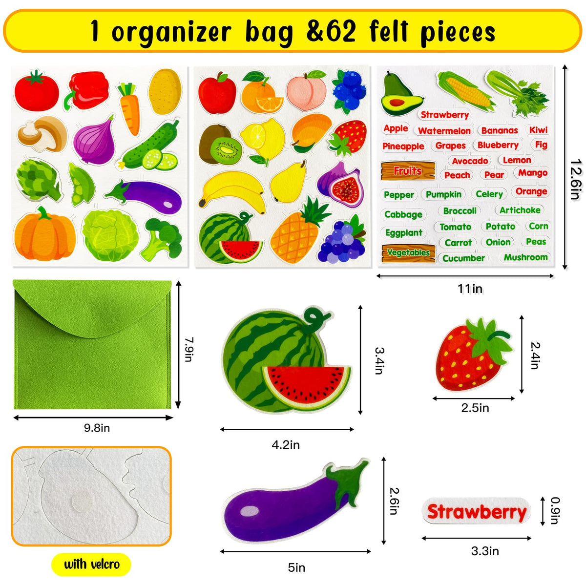 PENGFULL Felt Fruits & Vegetables Learning Pieces – 62 Felt Pieces for Kindergarten, Preschool, Toddlers
