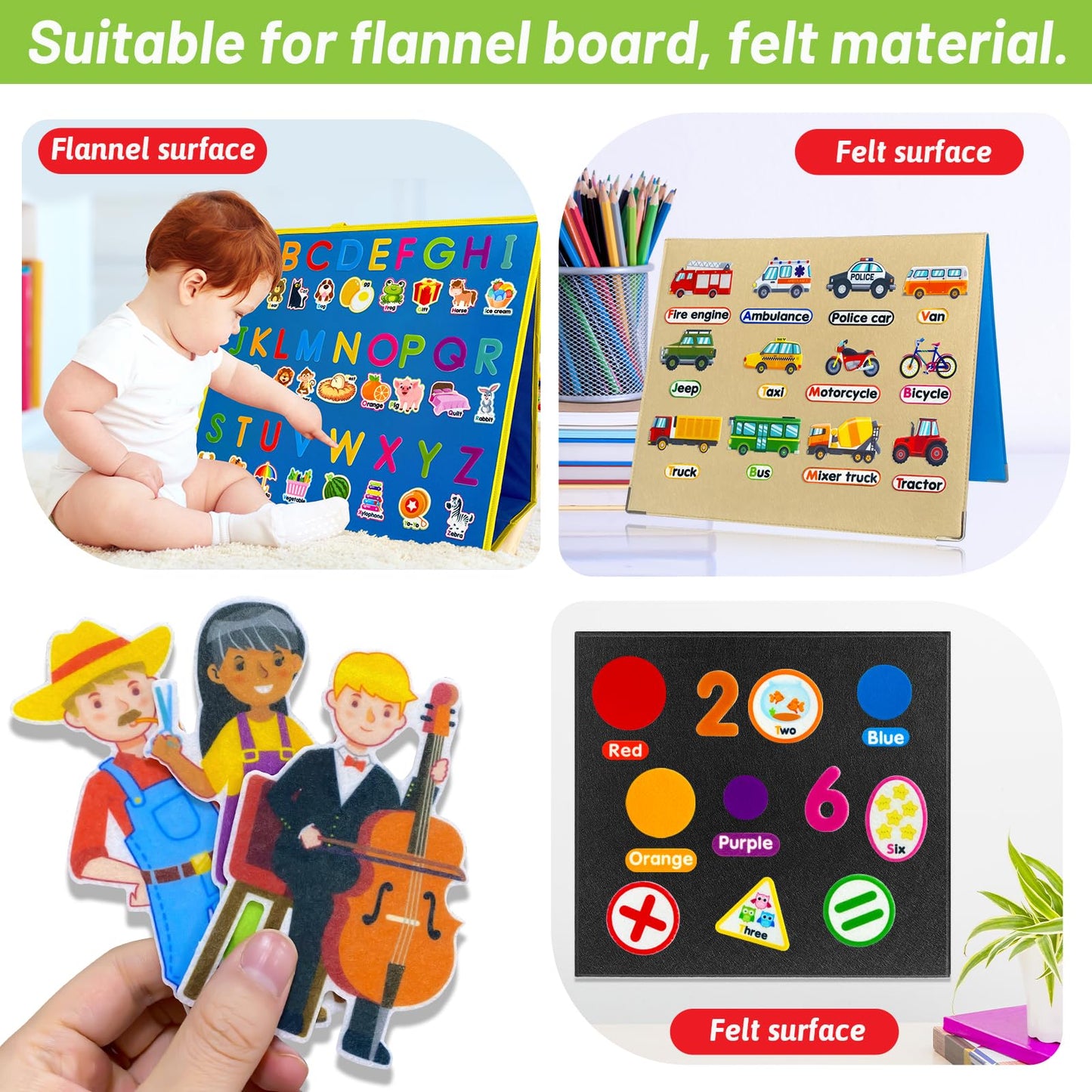 PENGFULL 5 Felt Learning Pieces Set — Alphabet, Fruits & Vegetables, Numbers, Vehicles & Careers
