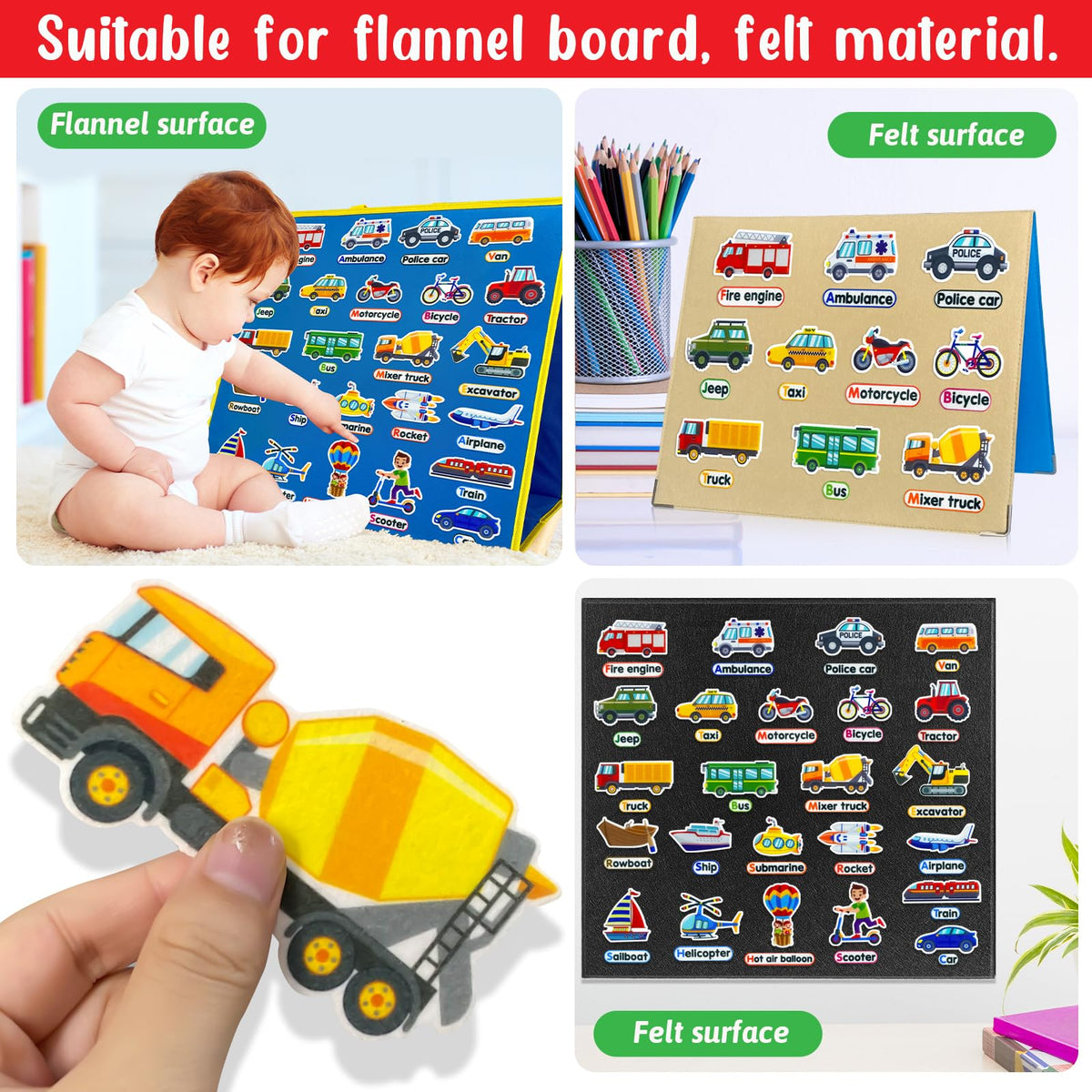 PENGFULL Felt Transportation Vehicles Learning Pieces – 48 Flannel Board Pieces for Toddlers and Preschool