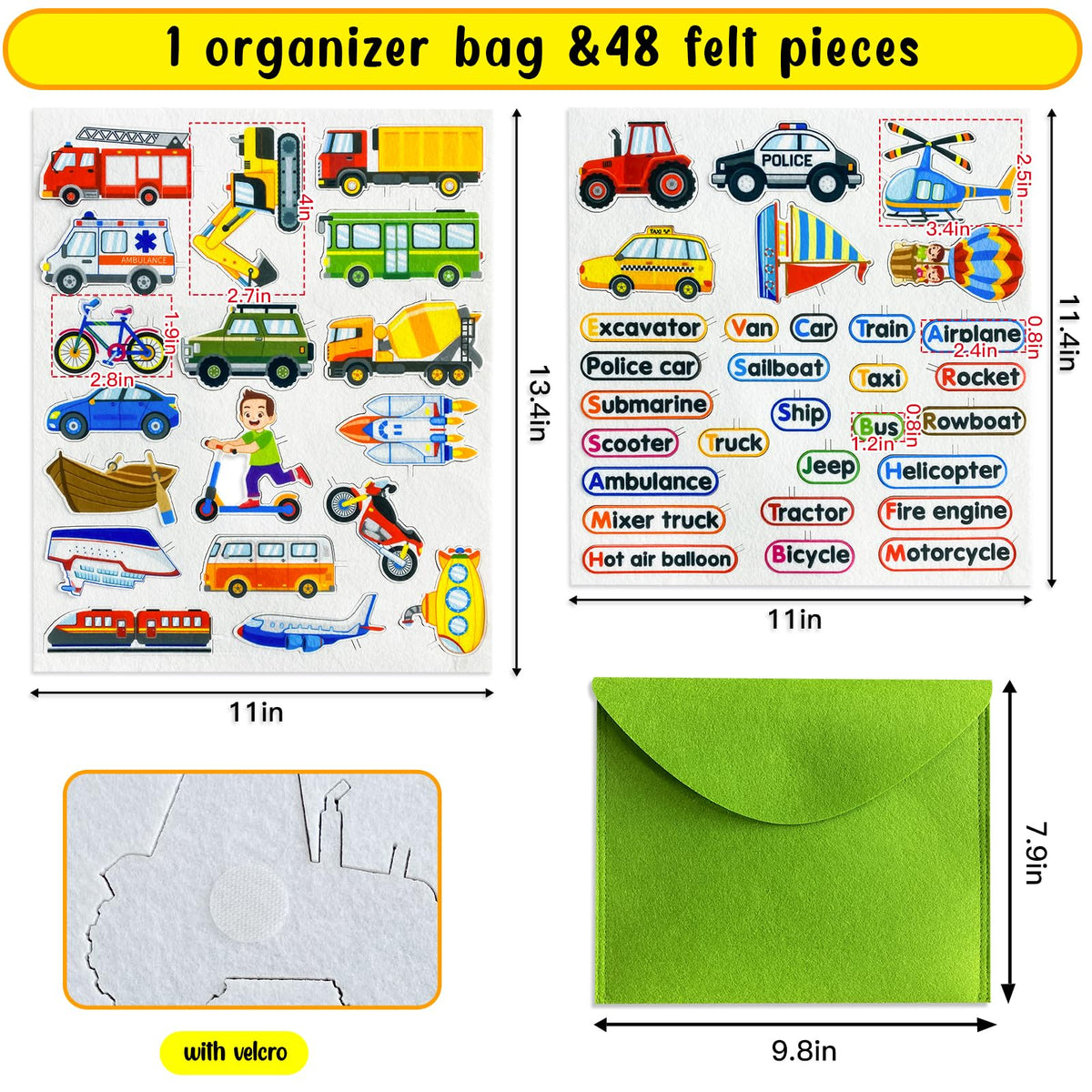 PENGFULL Felt Transportation Vehicles Learning Pieces – 48 Flannel Board Pieces for Toddlers and Preschool