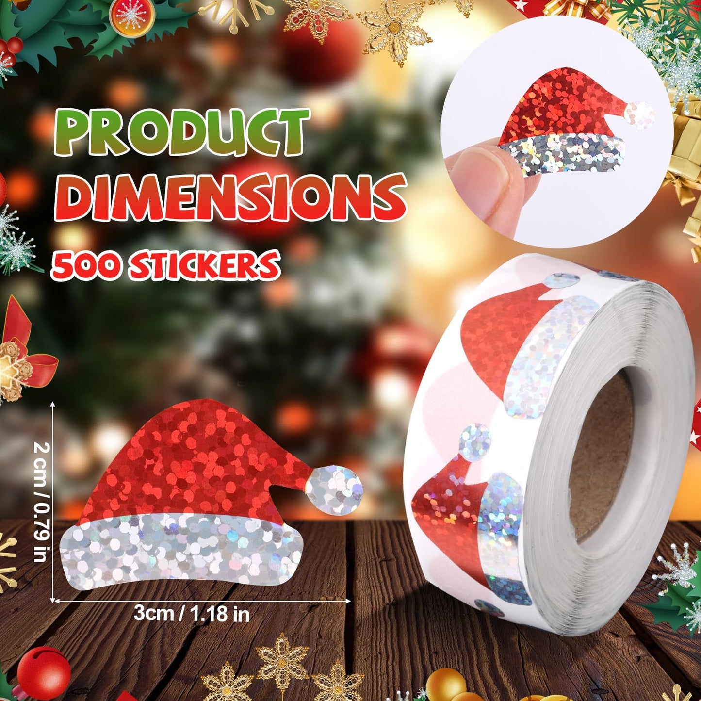 Penitue 500pcs Santa Hat Glitter Stickers – Self-Adhesive Christmas Stickers for Cards & Gifts